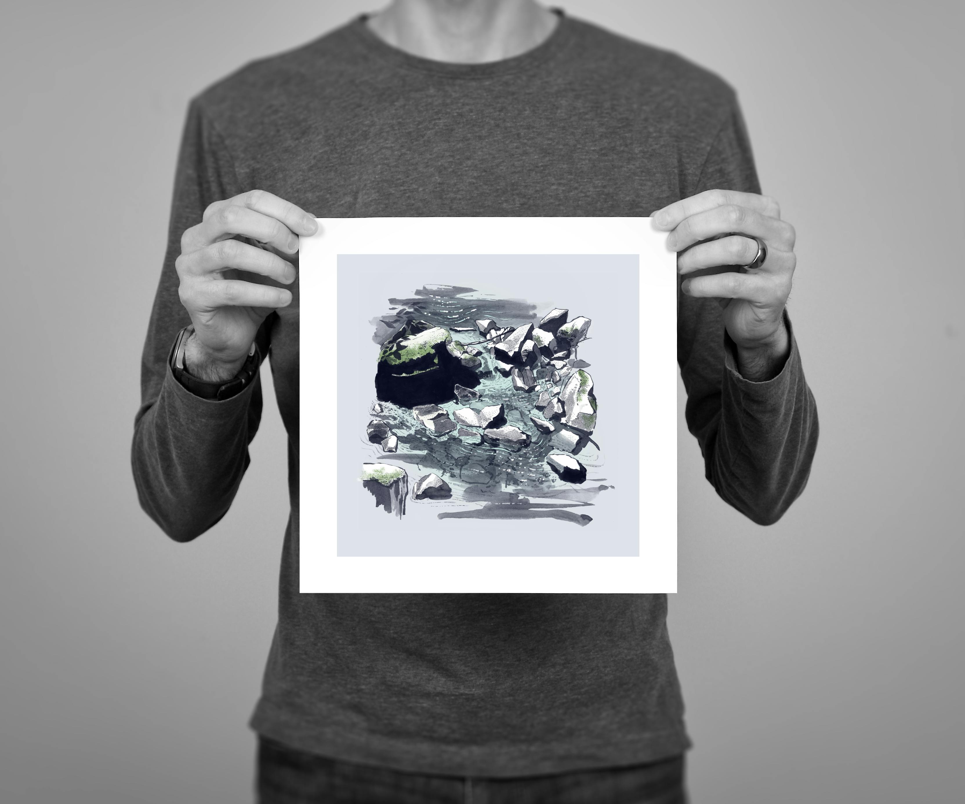 8 x 8" giclee print edition of 'Rocks and waterfall', from the Patapsco illustration series