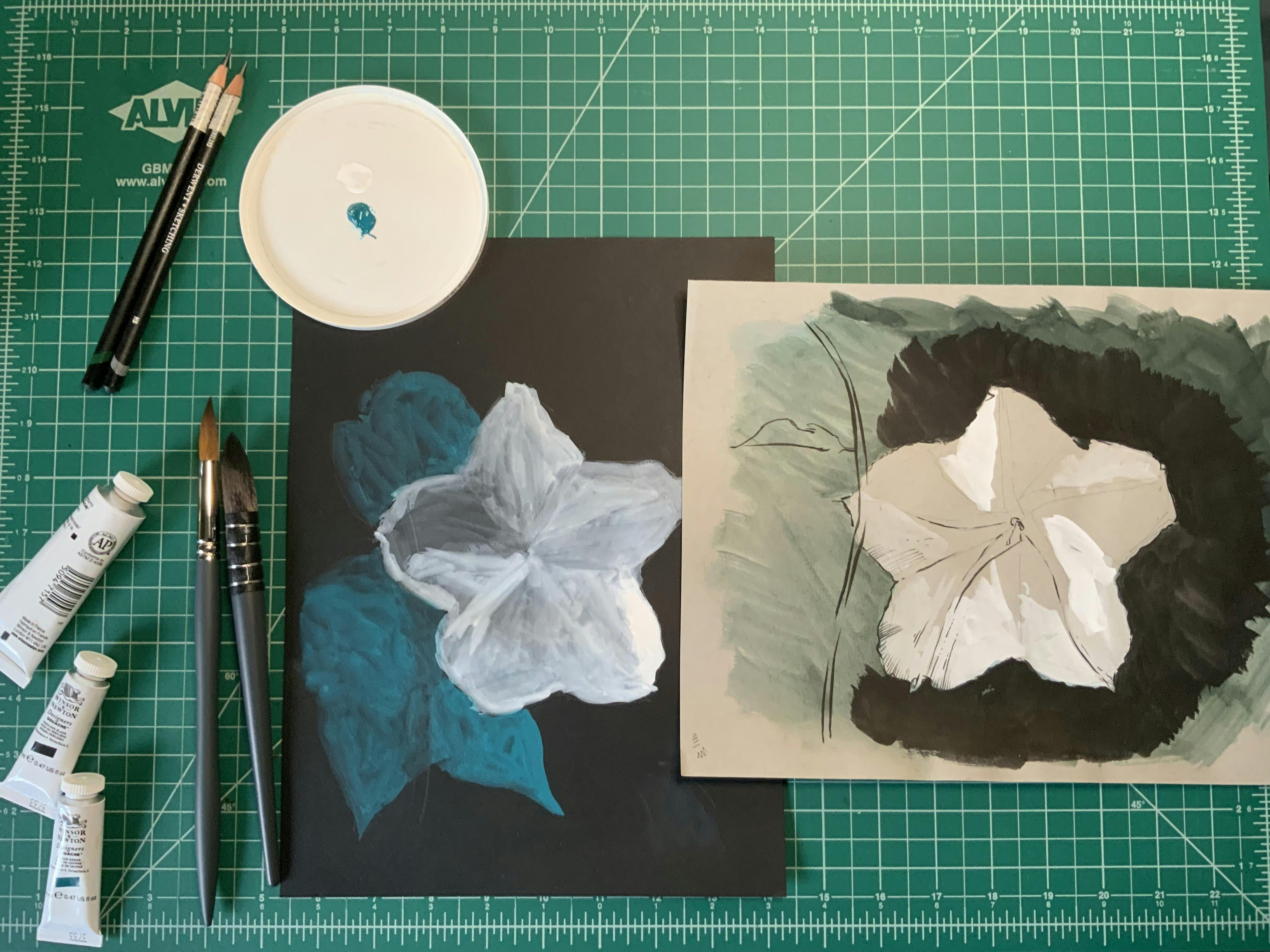 Tests of the moonflower painting on black and gray tinted paper