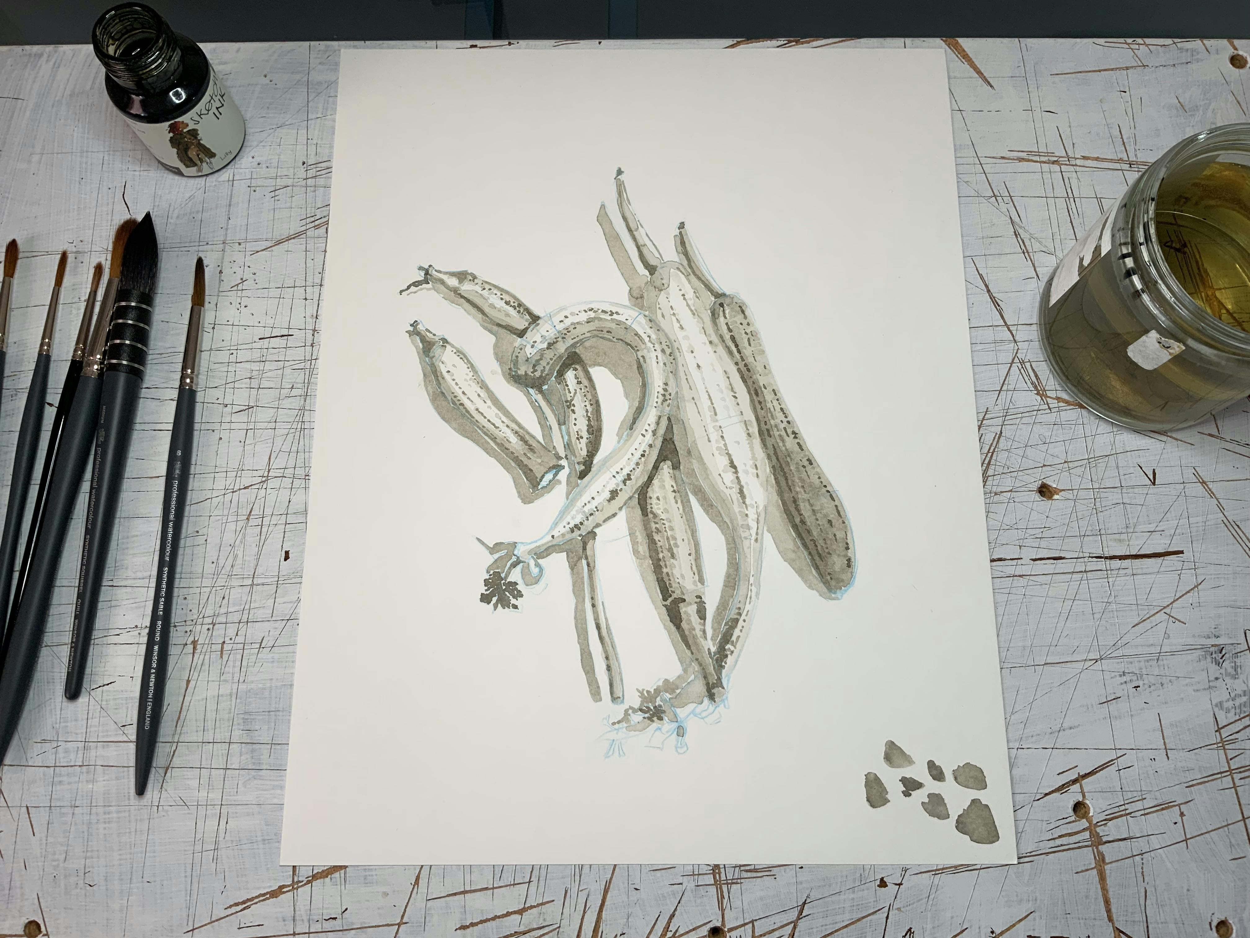 Process photo: second pass of inking for my okra drawing