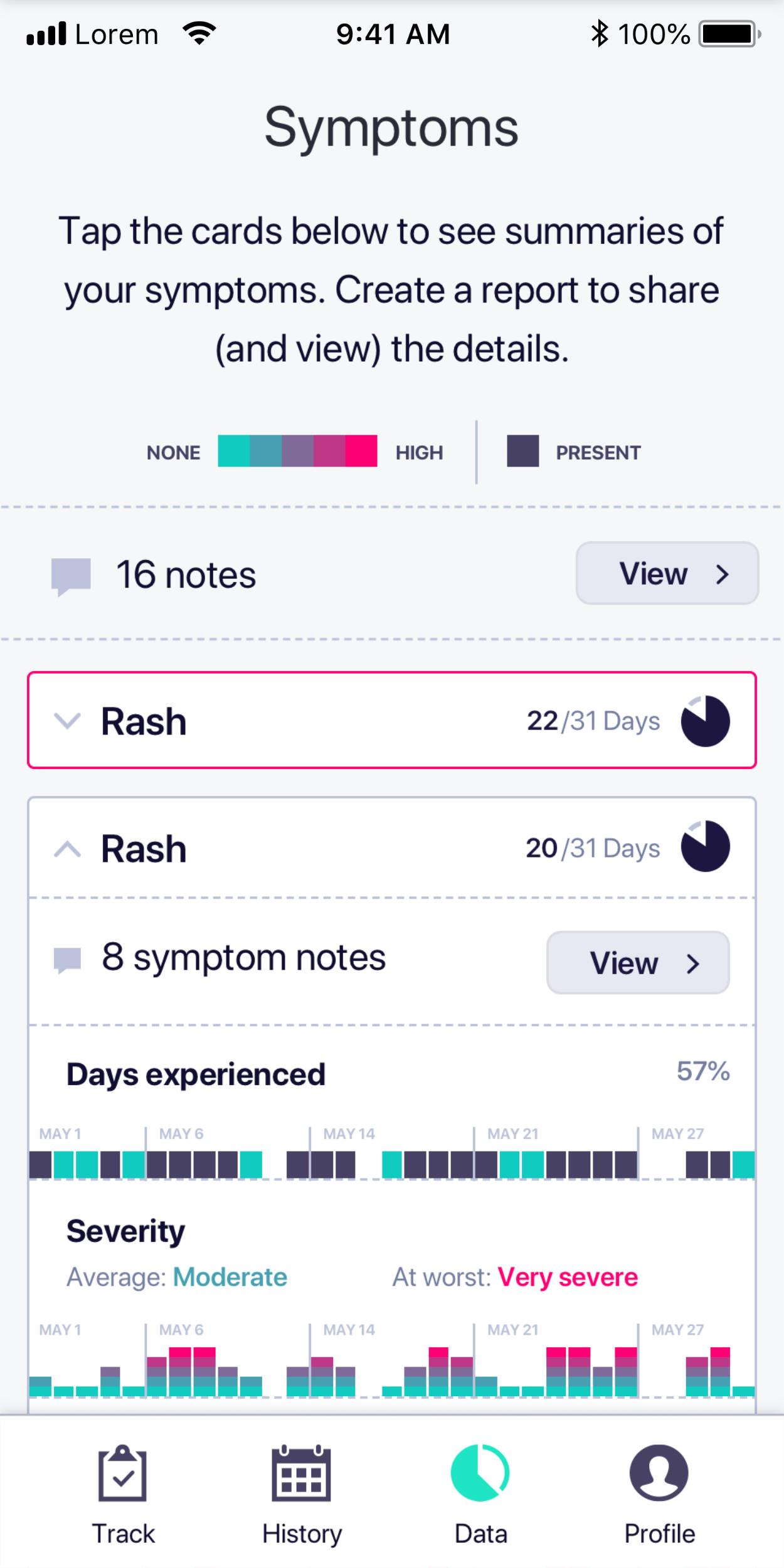 The symptoms report in the Tela mobile app