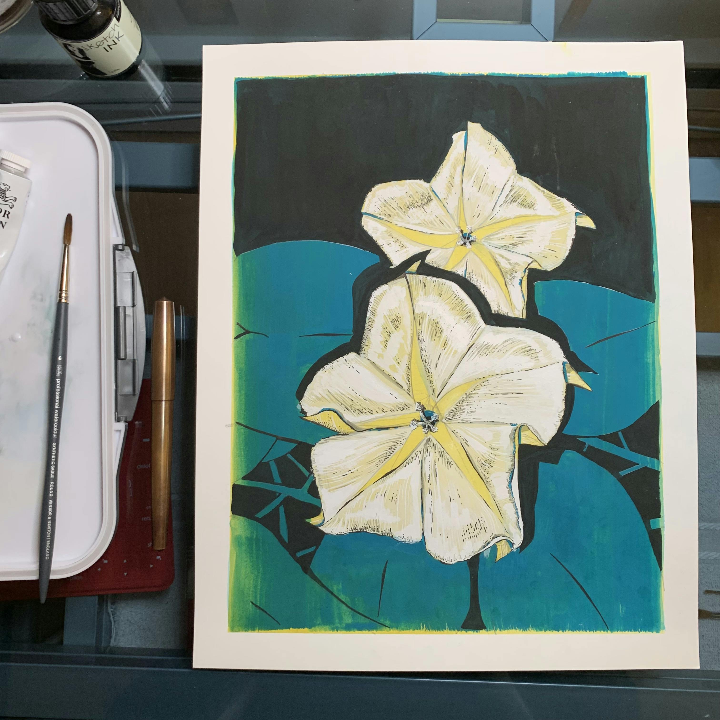 A gouache painting of moonflowers on a desk, with a pen, a brush, and a palette alongside.