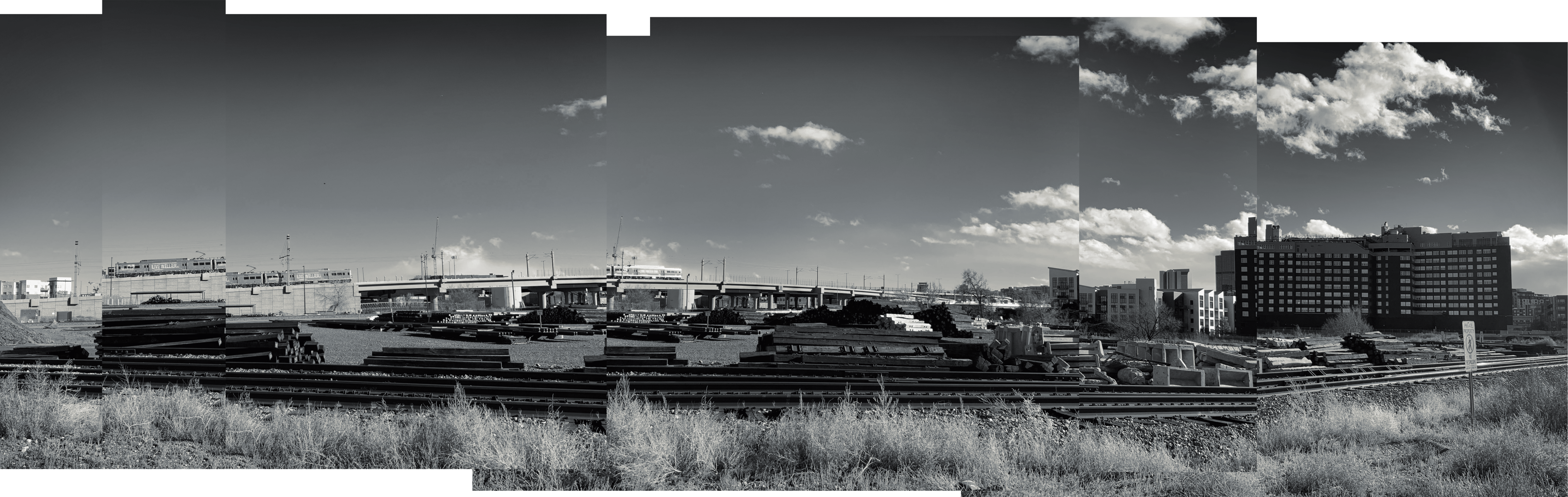 Photo collage: a train crosses a bridge with a grassy field and lumberyard in the foreground