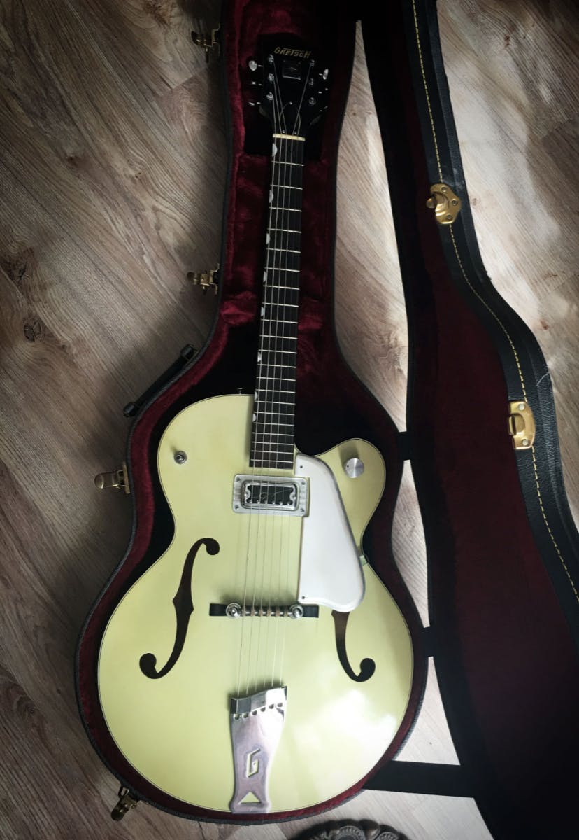 Josh's guitar, a 1958 Gretsch Hollowbody in a shade of green called "Avocado".