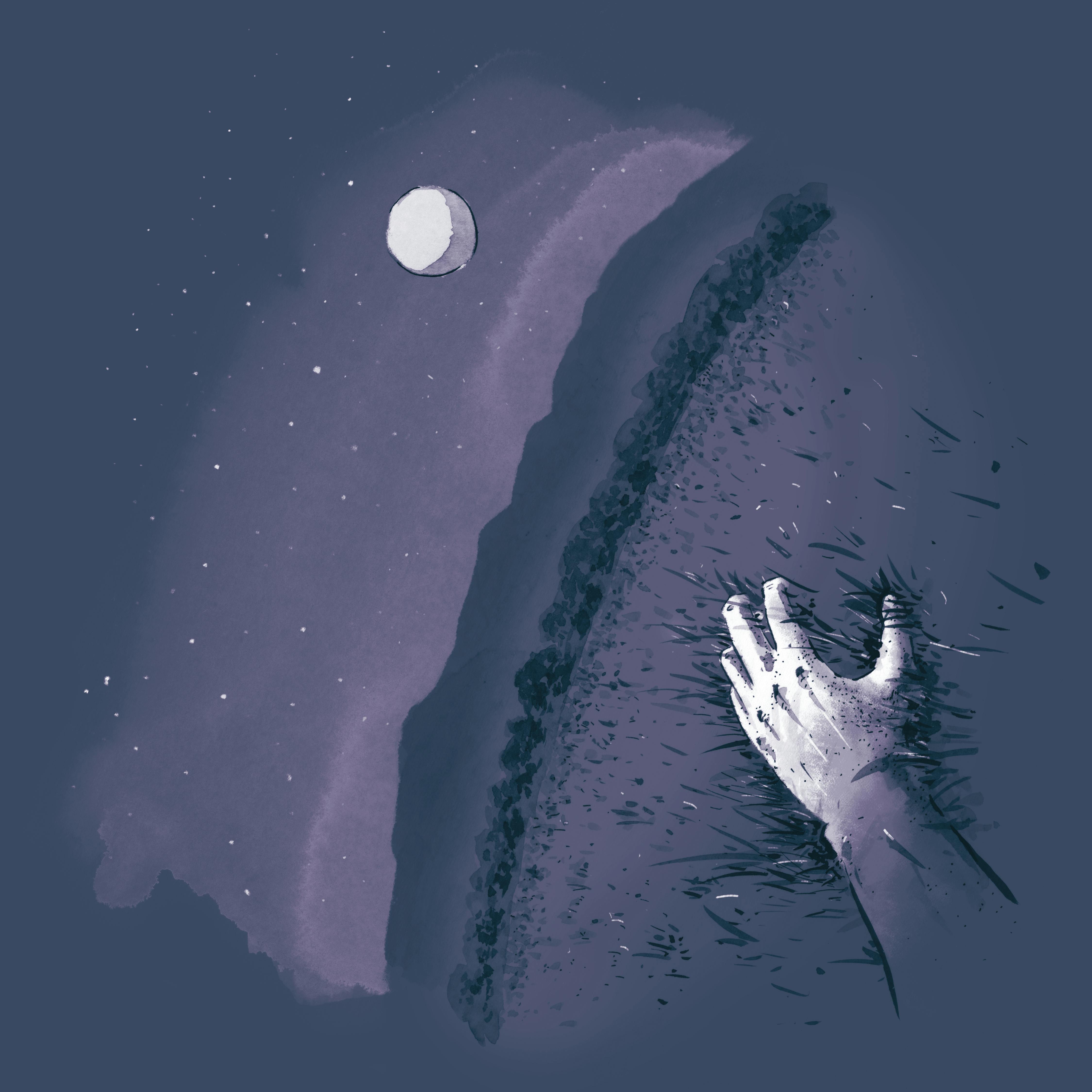 Illustration for Upward Abyss: a hand clings to the ground with trees, mountains, stars, and the moon visible on the tilted horizon.