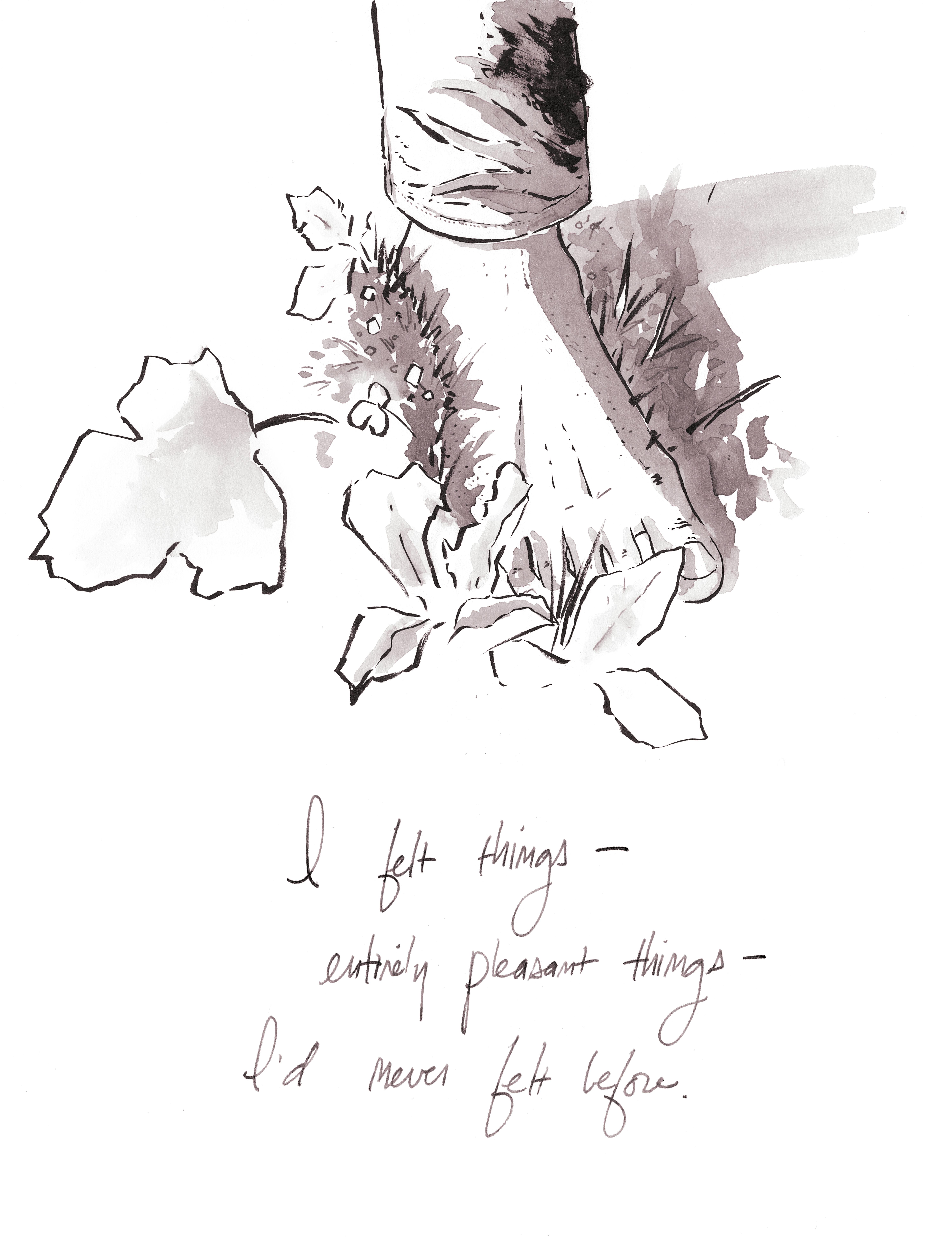 A bare foot in grass. “I felt things — entirely pleasant things — I’d never felt before.”
