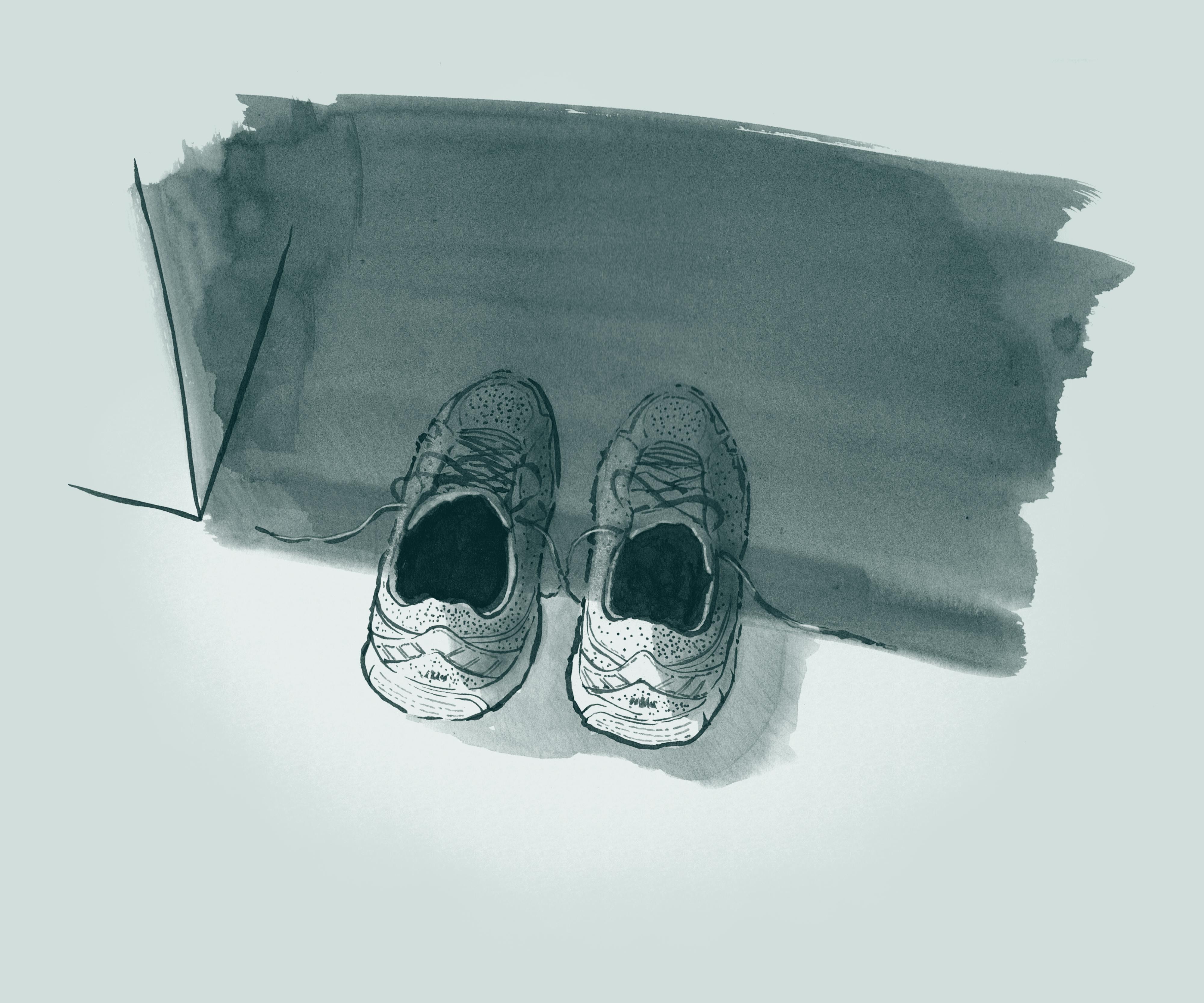 Ink wash drawing: running shoes in the closet, partially in shadow