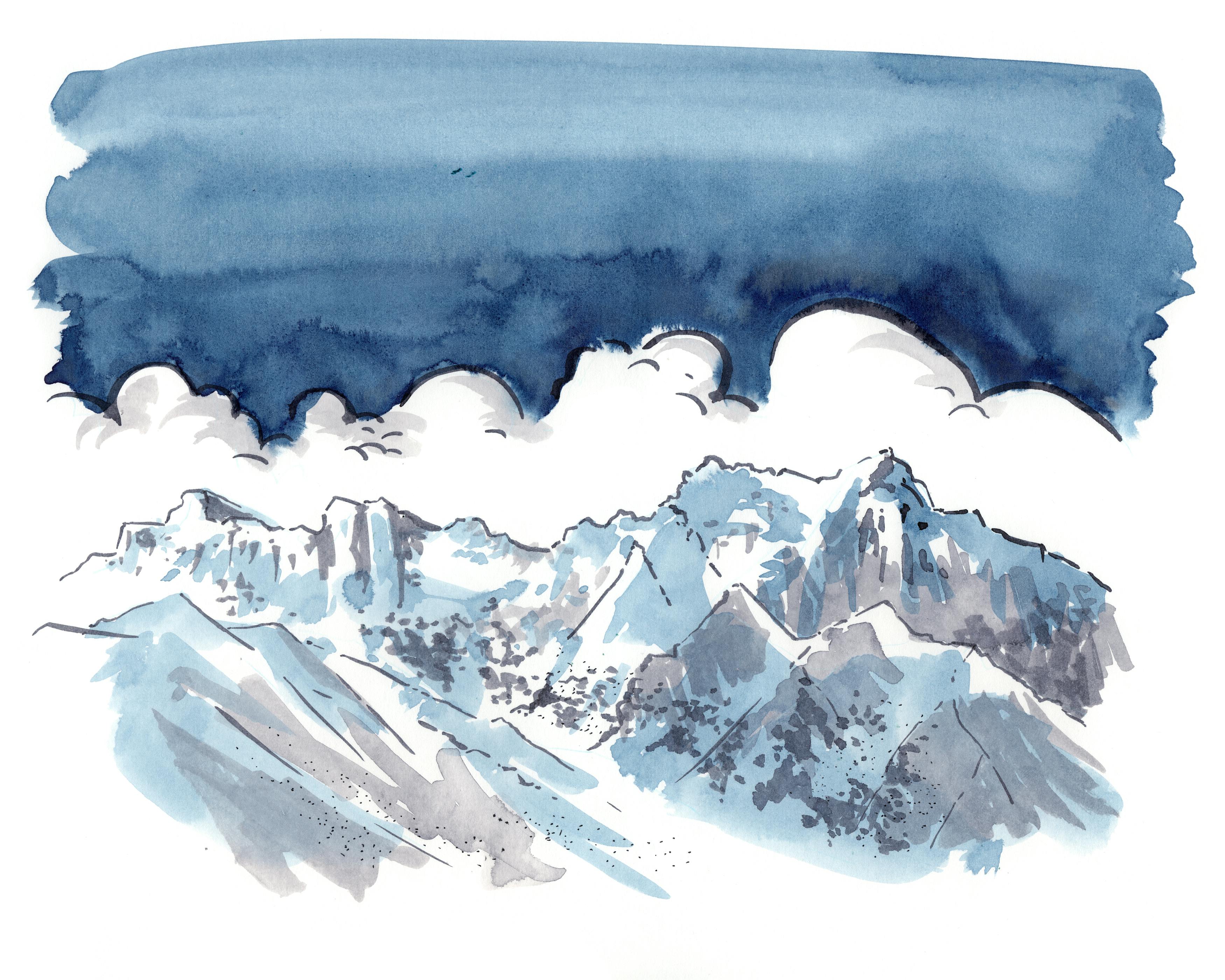An ink wash sketch of the High Sierra skyline