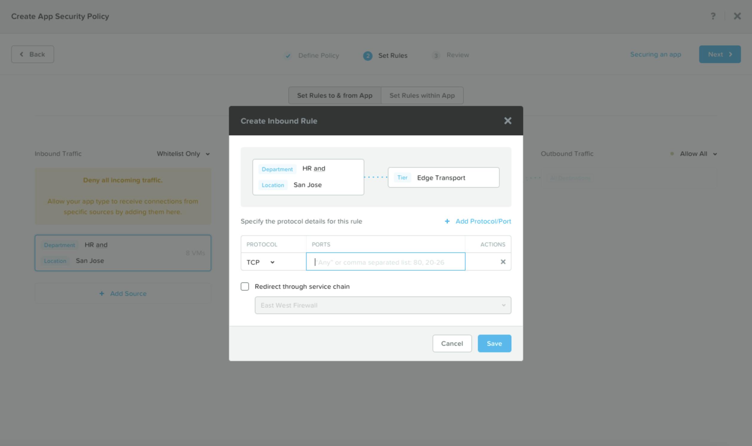 Static image of port and protocol popup