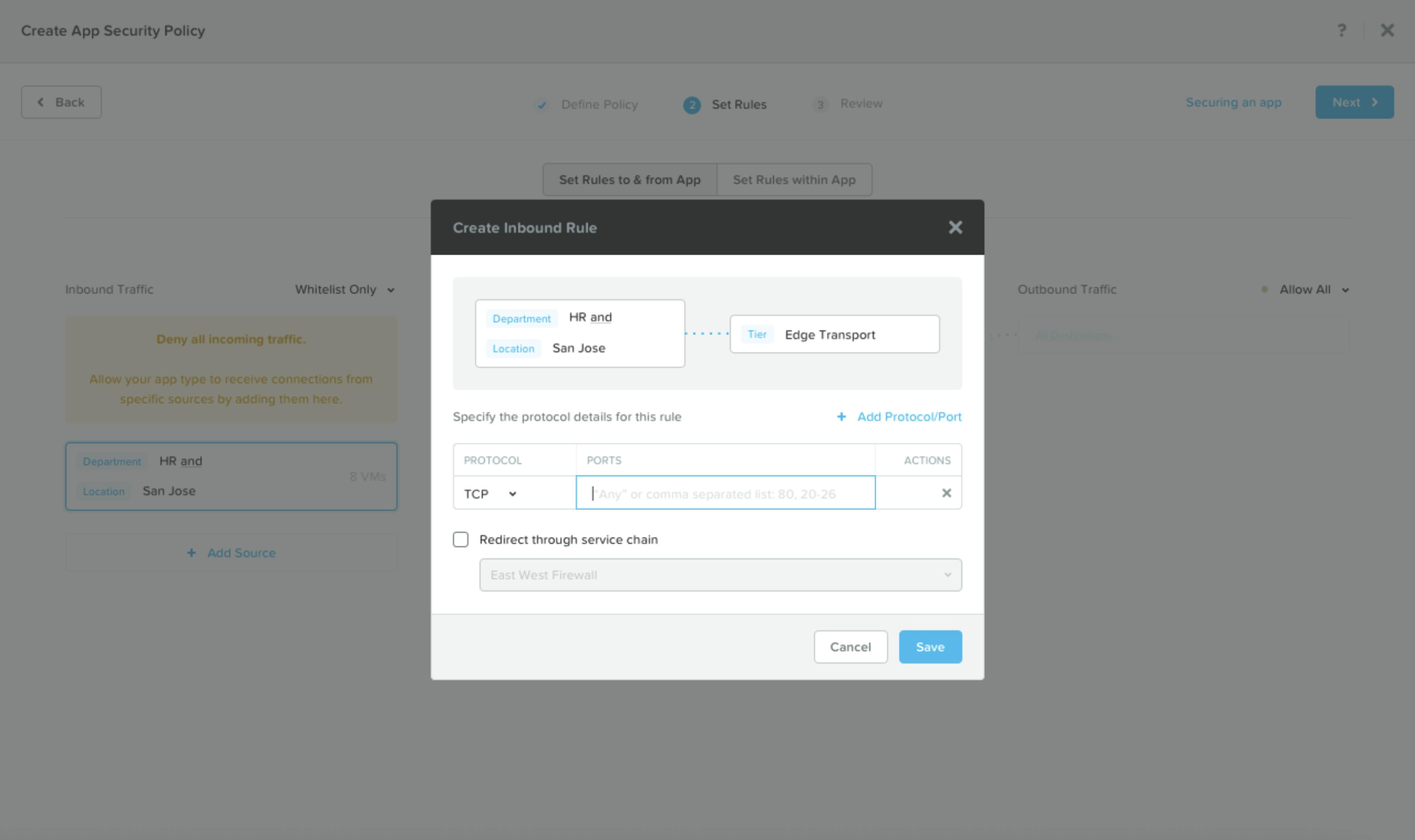 Static image of port and protocol popup