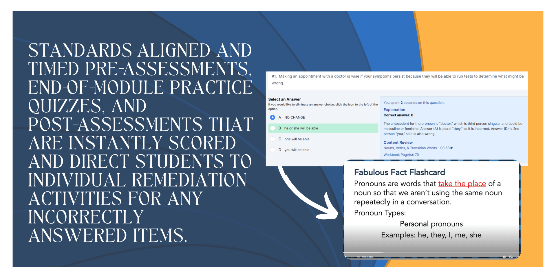 Standards-aligned and timed pre-assessments, end-of-module practice quizzes, and post-assessments that are instantly scored and direct students to individual remediation activities for any incorrectly answered items