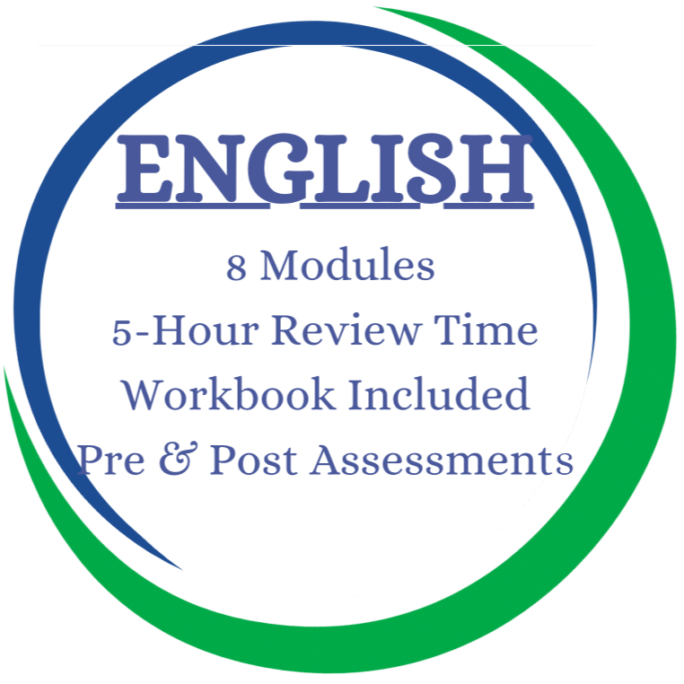 English: 8 modules, 5-hour review time, workbook included, Pre & Post Assessments.