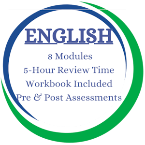 English: 8 modules, 5-hour review time, workbook included, Pre & Post Assessments.