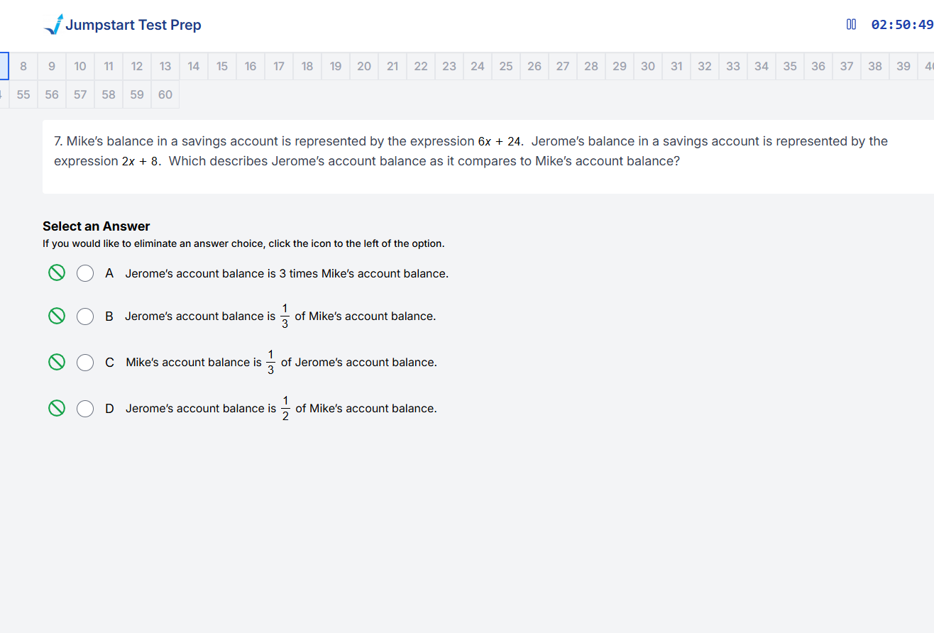 An image of the Jumpstart Test Prep Algebra I exam being taken.