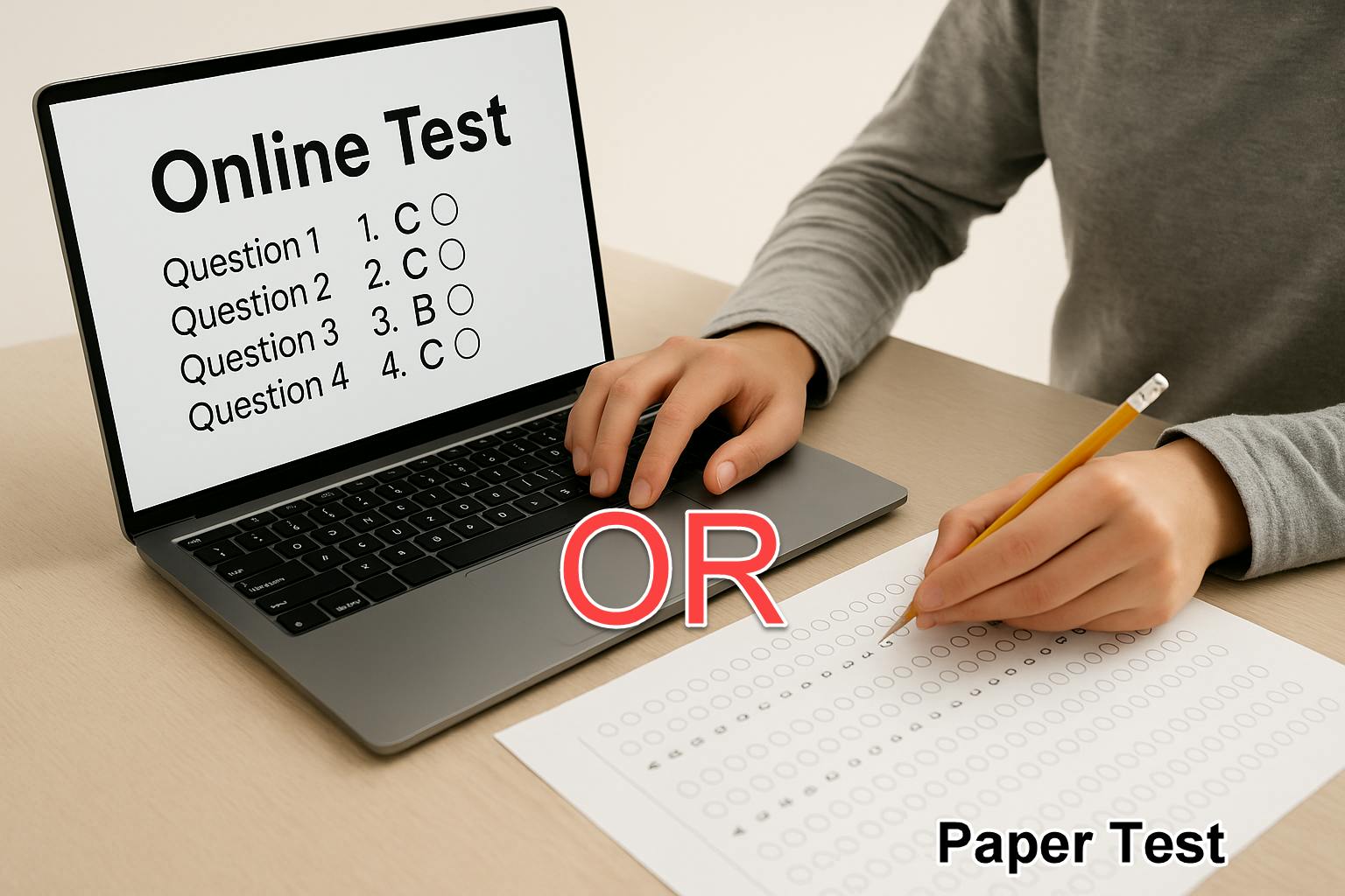 Image depicting a laptop displaying on online test question, and, separately, a physical paper test. The meaning is do you want to take the ACT online or via paper test.