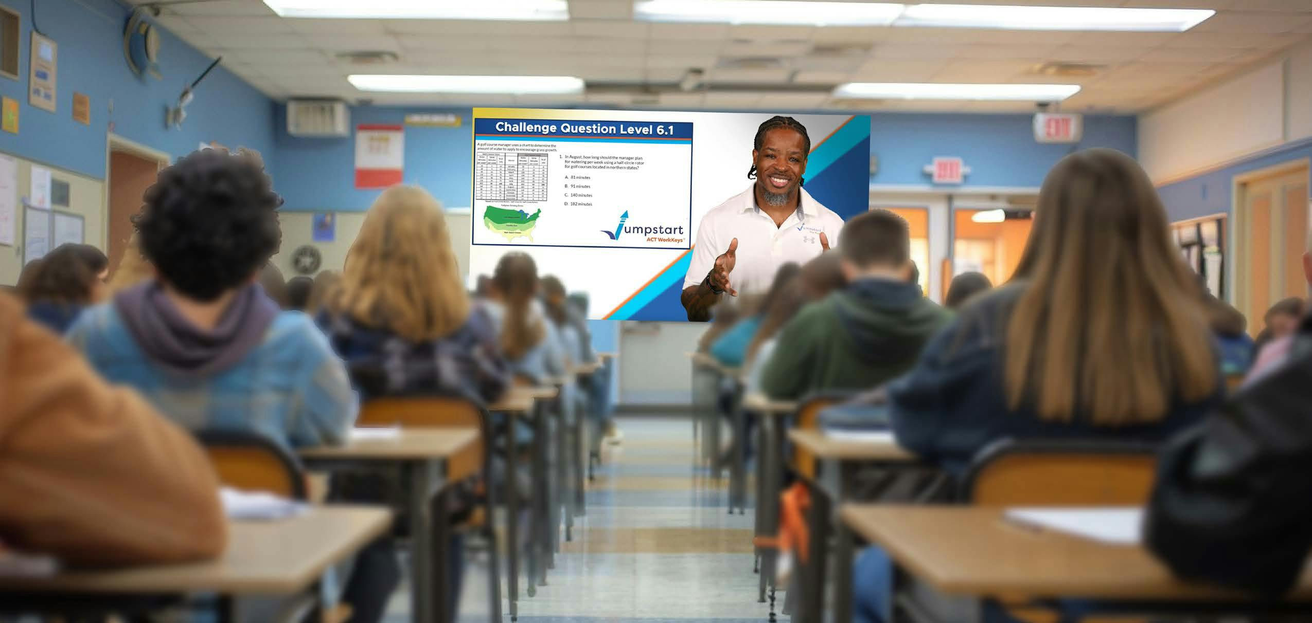 Image of students in a classroom watching an ACT content review video