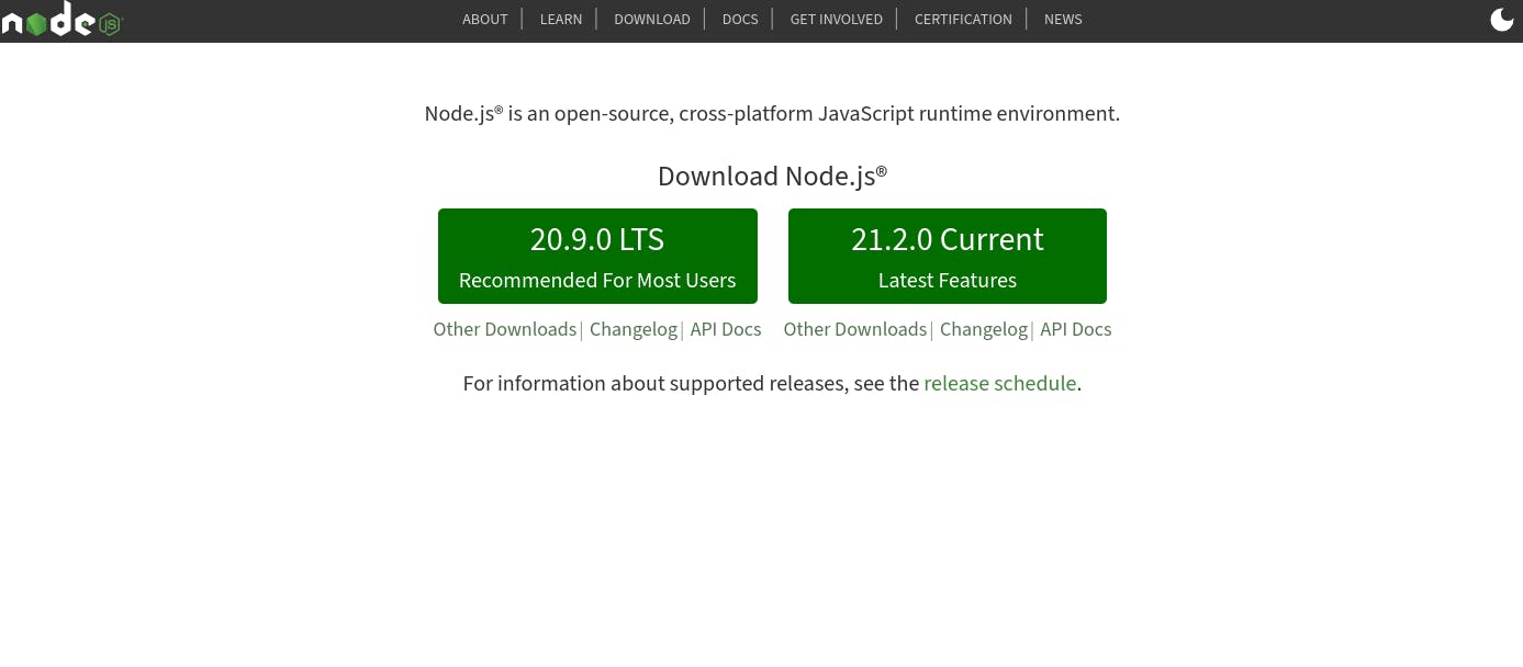 Home page to download nodeJs