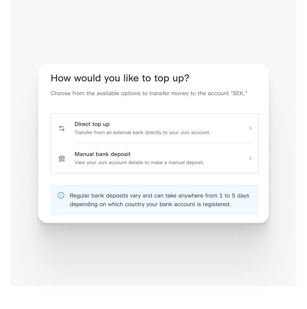 Fund your account directly, without leaving Juni