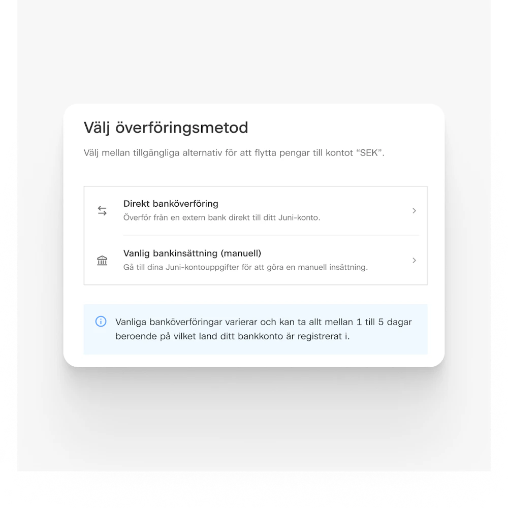 Fyll på ditt konto direkt, utan att lämna Juni