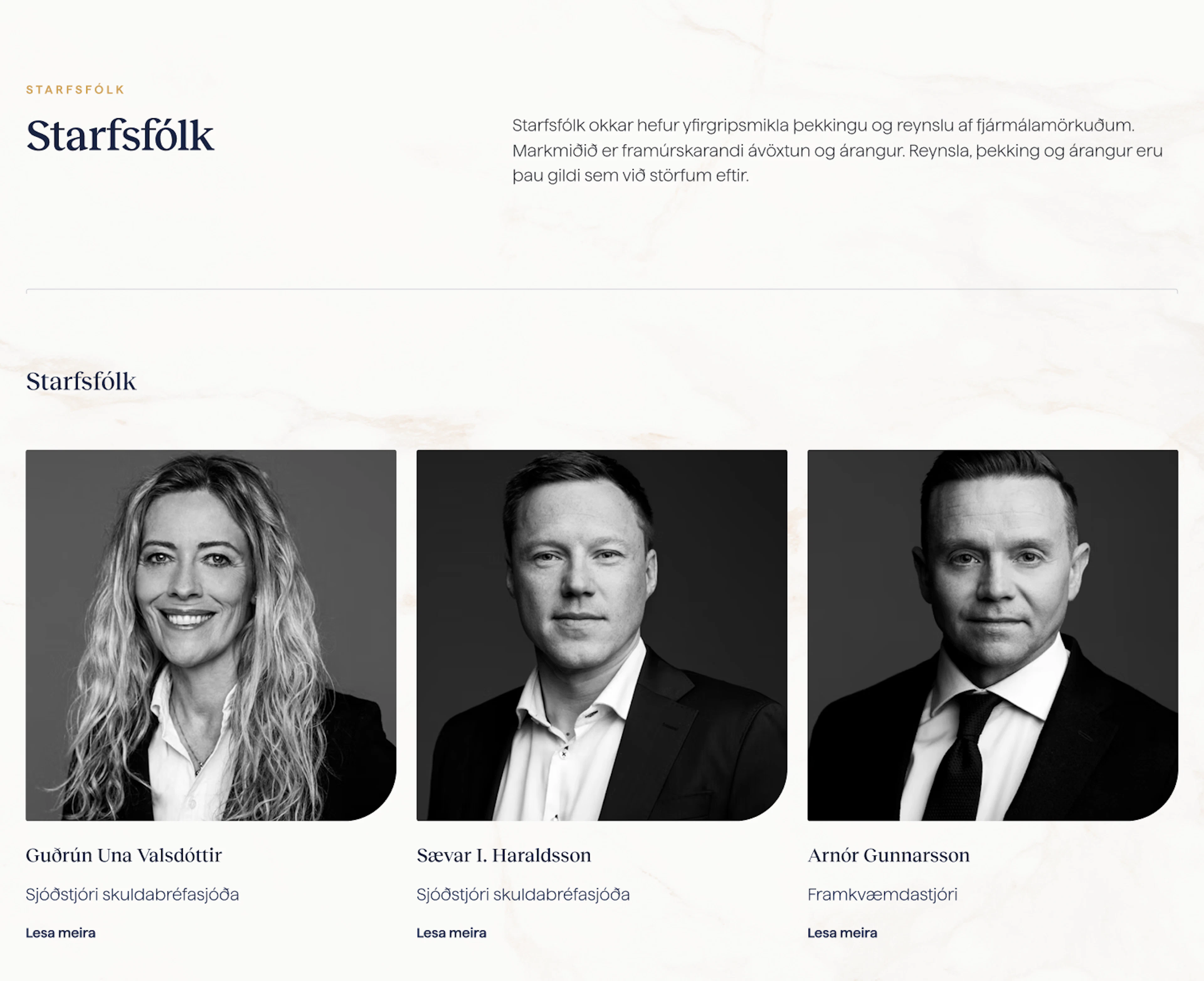 Starfsfólkssíða Íslenskra verðbréfa með inngangi um starfsfólk og þremur svarthvítum andlitsmyndum af starfsfólki. Undir hverri mynd eru nafn, starfsheiti og hlekkur til að lesa meira.
