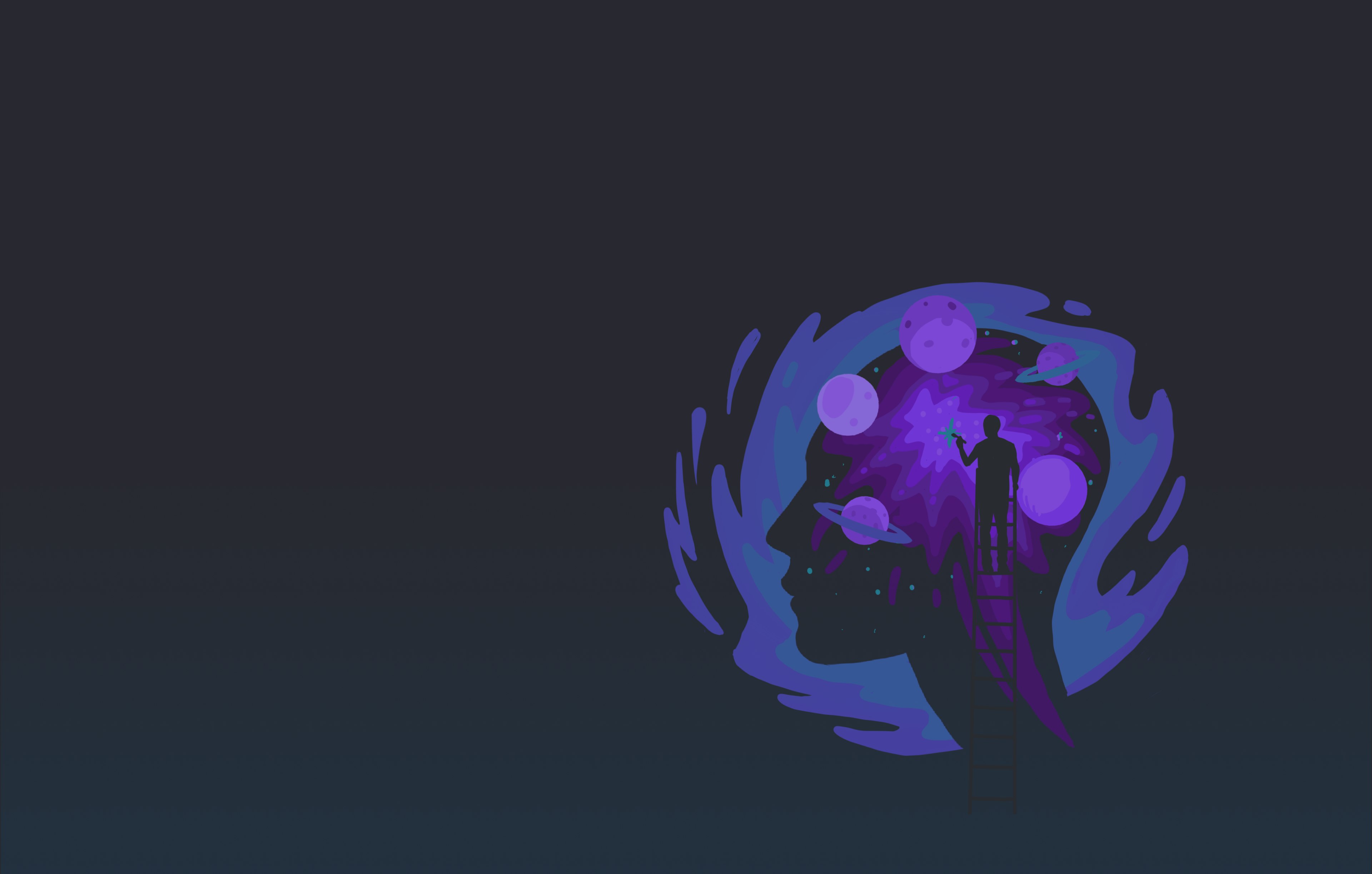 Manneskja á stiga inn í hugarsýn með plánetum og geimþema.