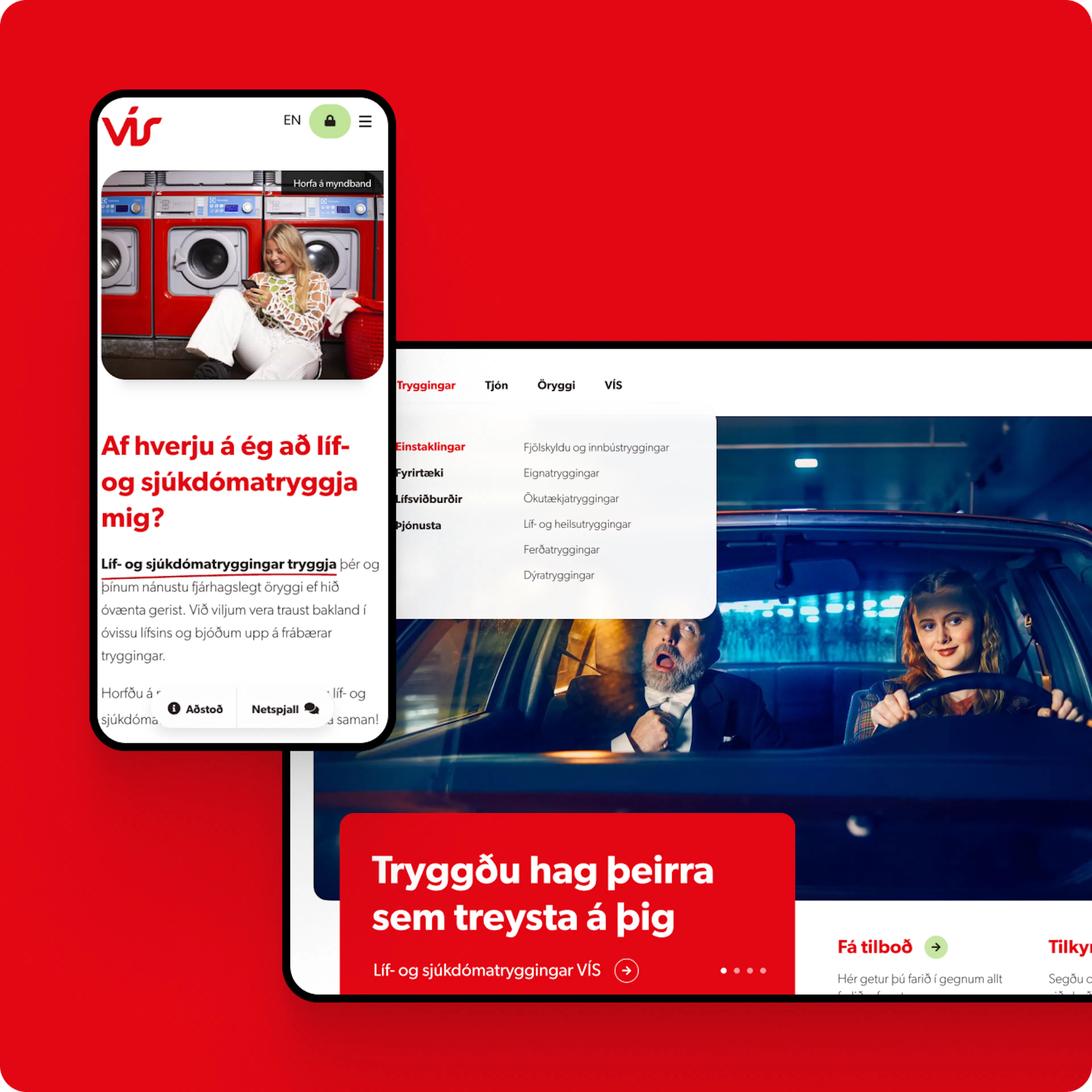 Skjámyndir af heimasíðu VÍS, önnur af síma, hin af tölvuskjá