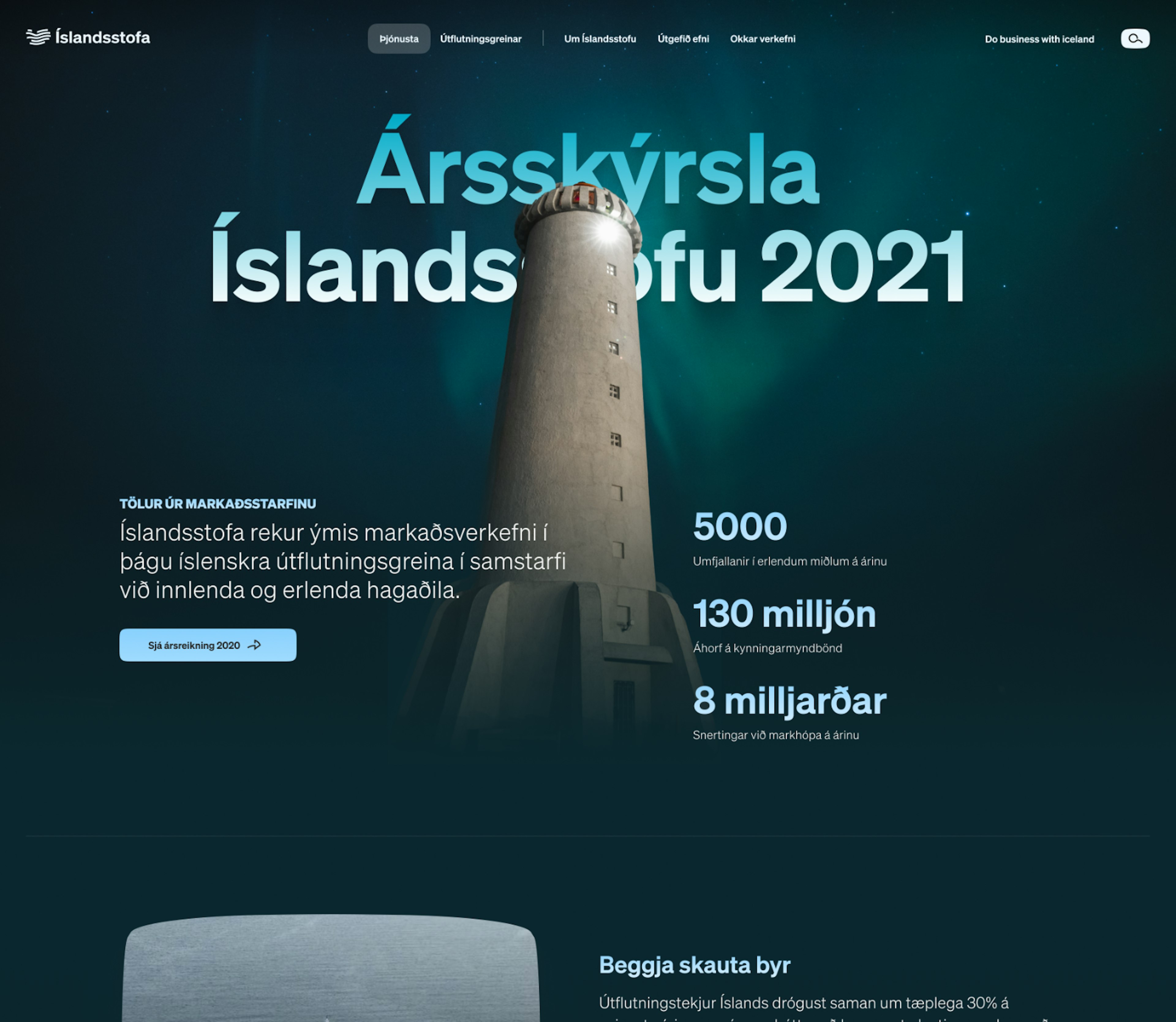 Mynd af undirsíðu af hönnun Júní fyrir Íslandssttofu