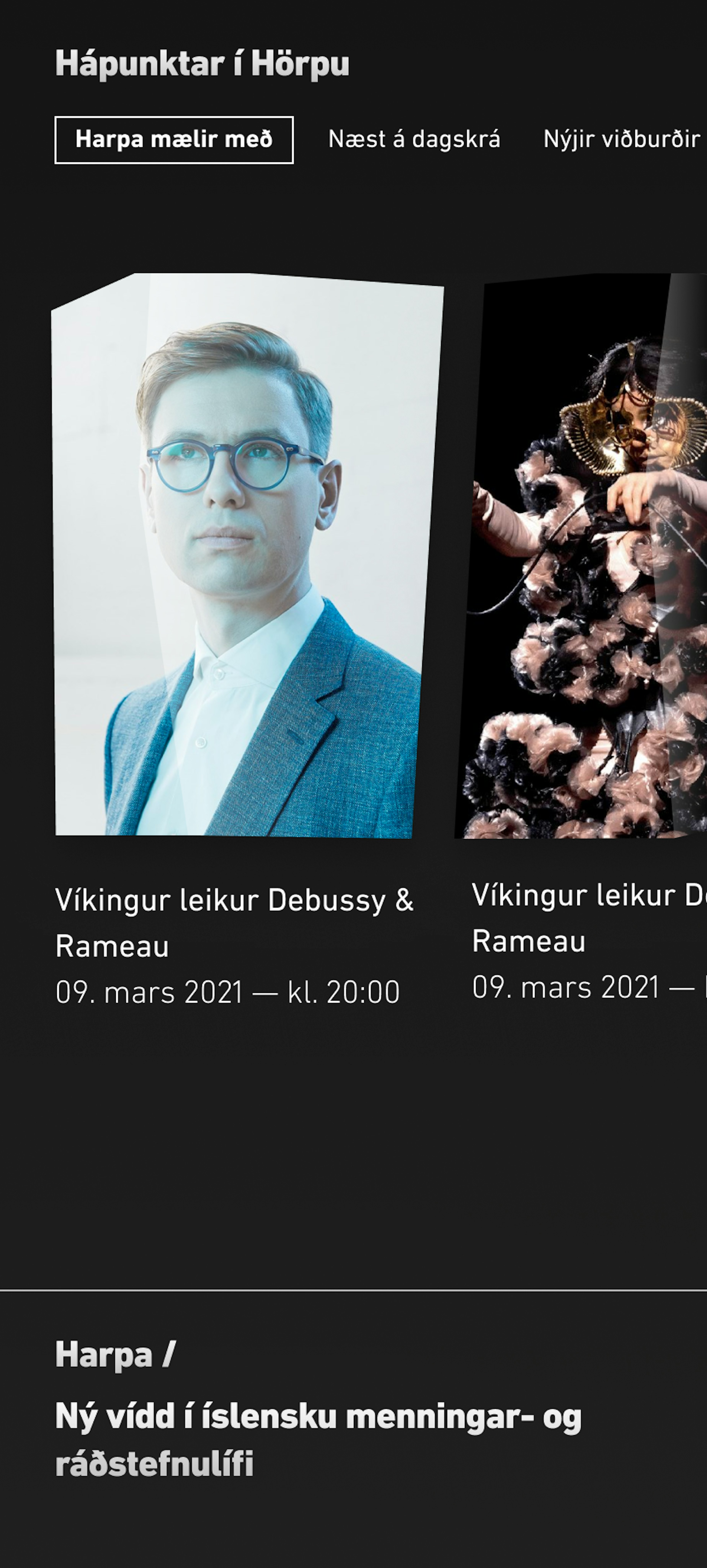 Skjámynd af vefsiðu Hörpu