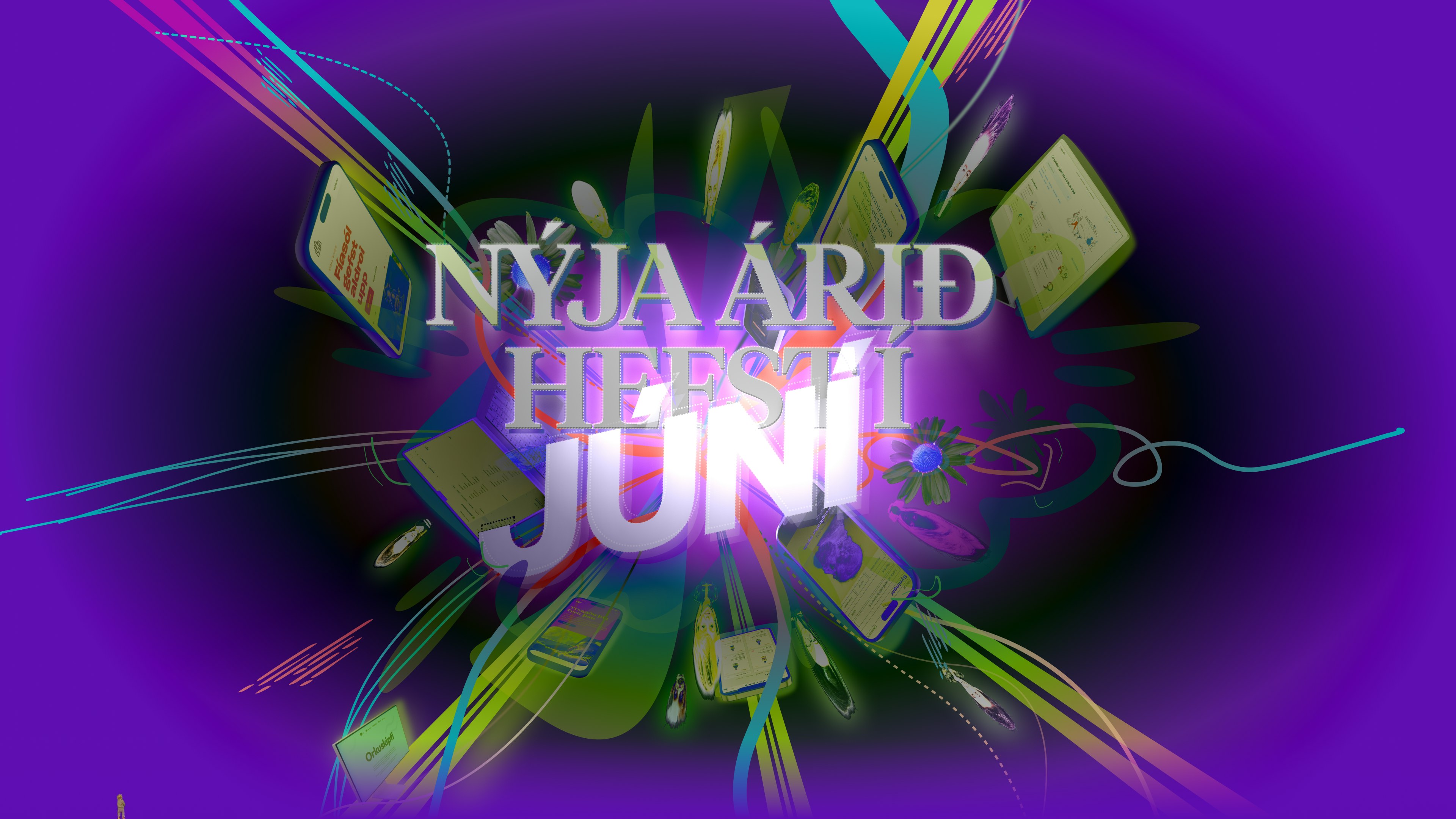 Litrík abstrakt sprenging á fjólubláum bakgrunni með orðunum „Nýja árið hefst í Júní“ í miðjunni.