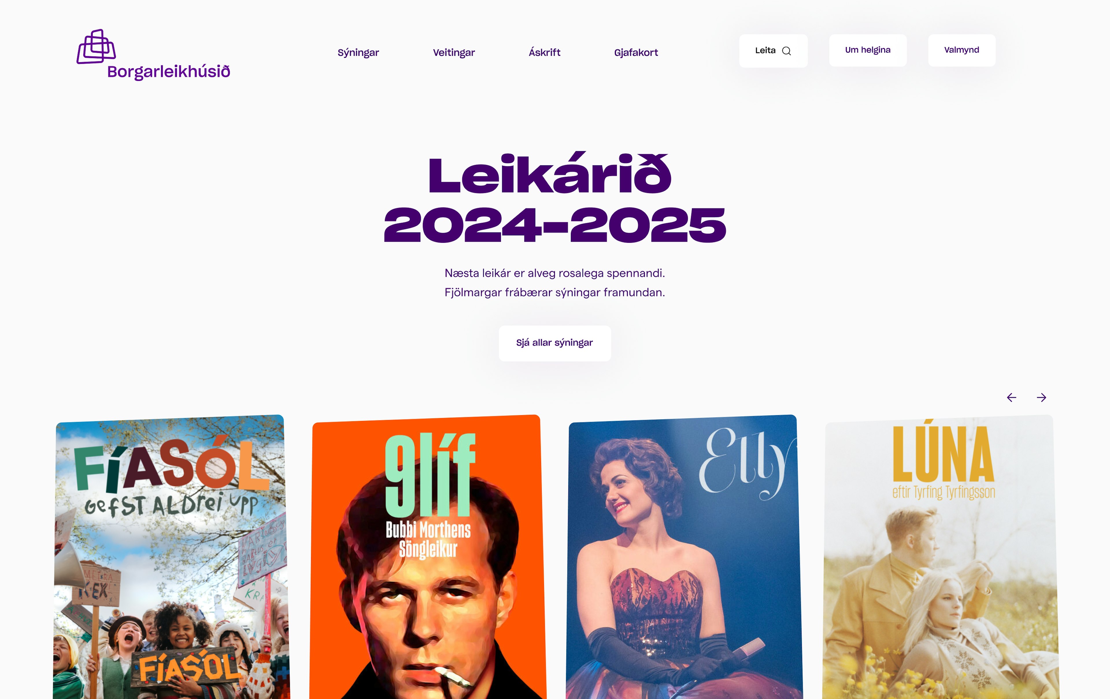 Vefur Borgarleikhússins sýnir leikárið 2024–2025 með plöktum fyrir sýningarnar Fíasól gefst aldrei upp, 9 líf, Elly og Lúna.