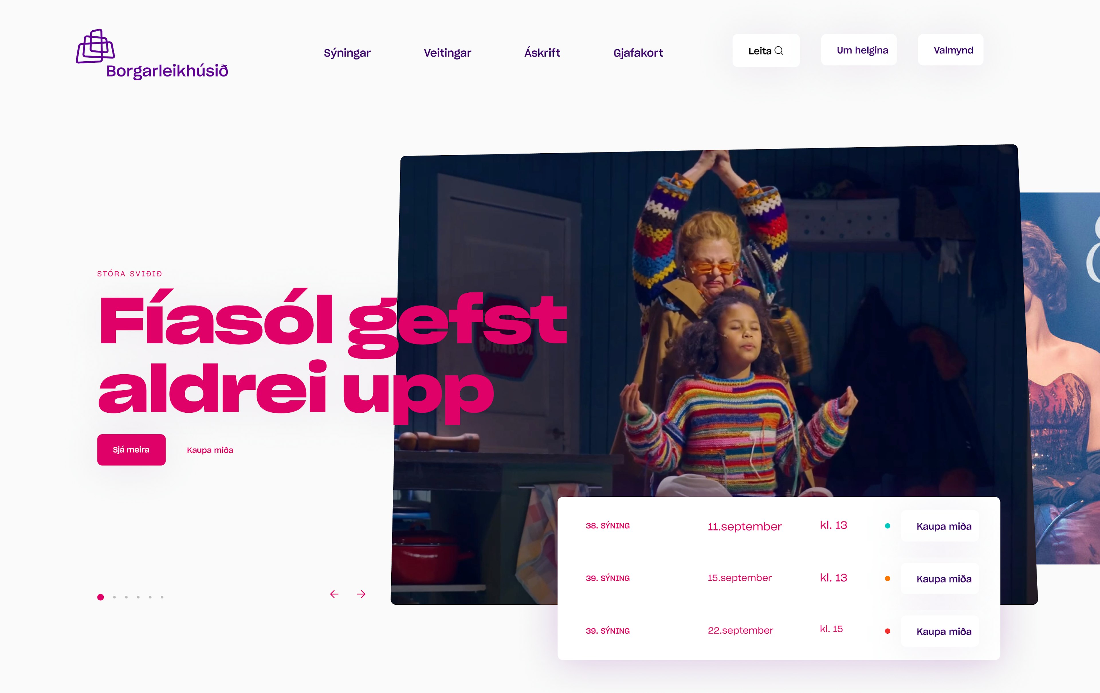Skjámynd af vef Borgarleikhússins með auglýsingu fyrir sýninguna Fíasól gefst aldrei upp og sýningardagatali.