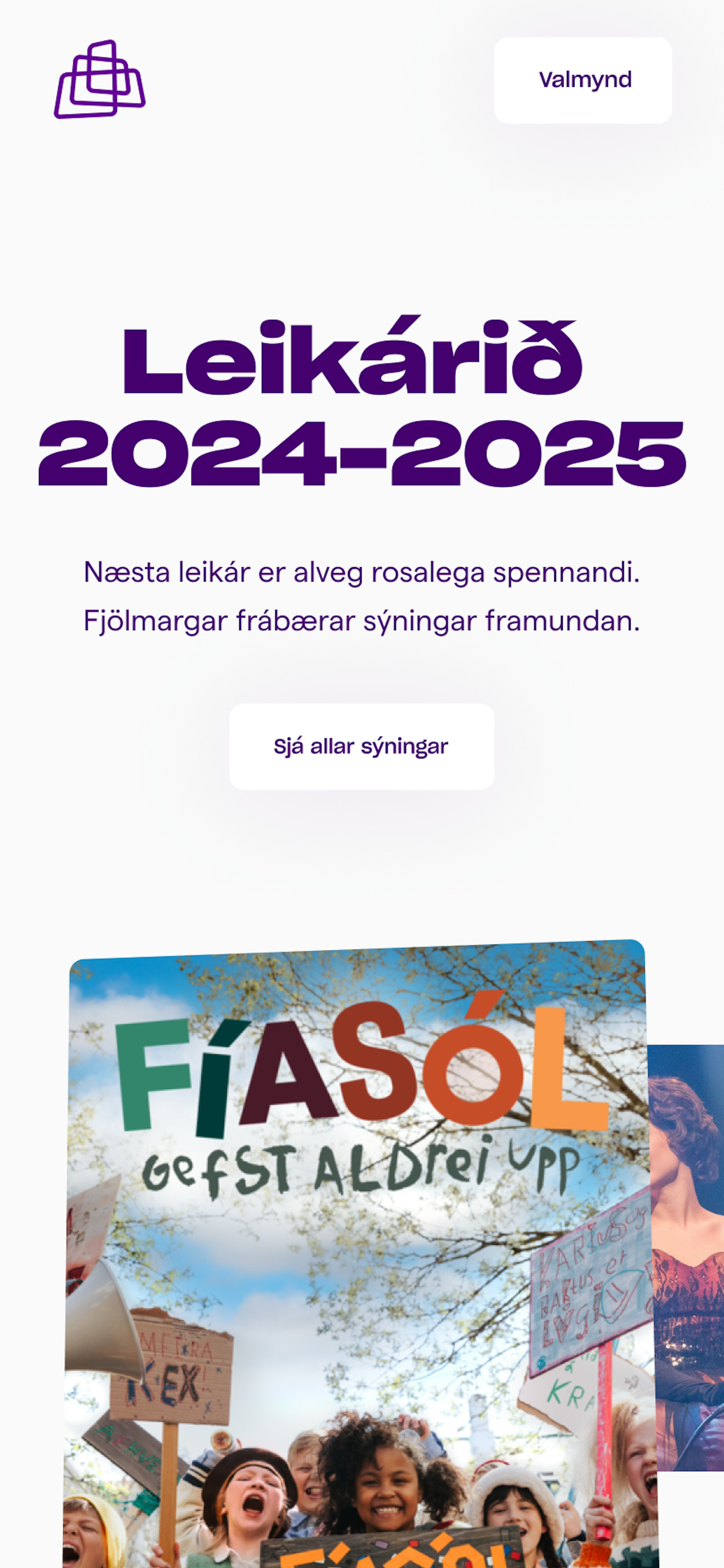 Síða Borgarleikhússins með kynningu á leikári 2024–2025 og auglýsingu fyrir sýninguna Fíasól gefst aldrei upp.