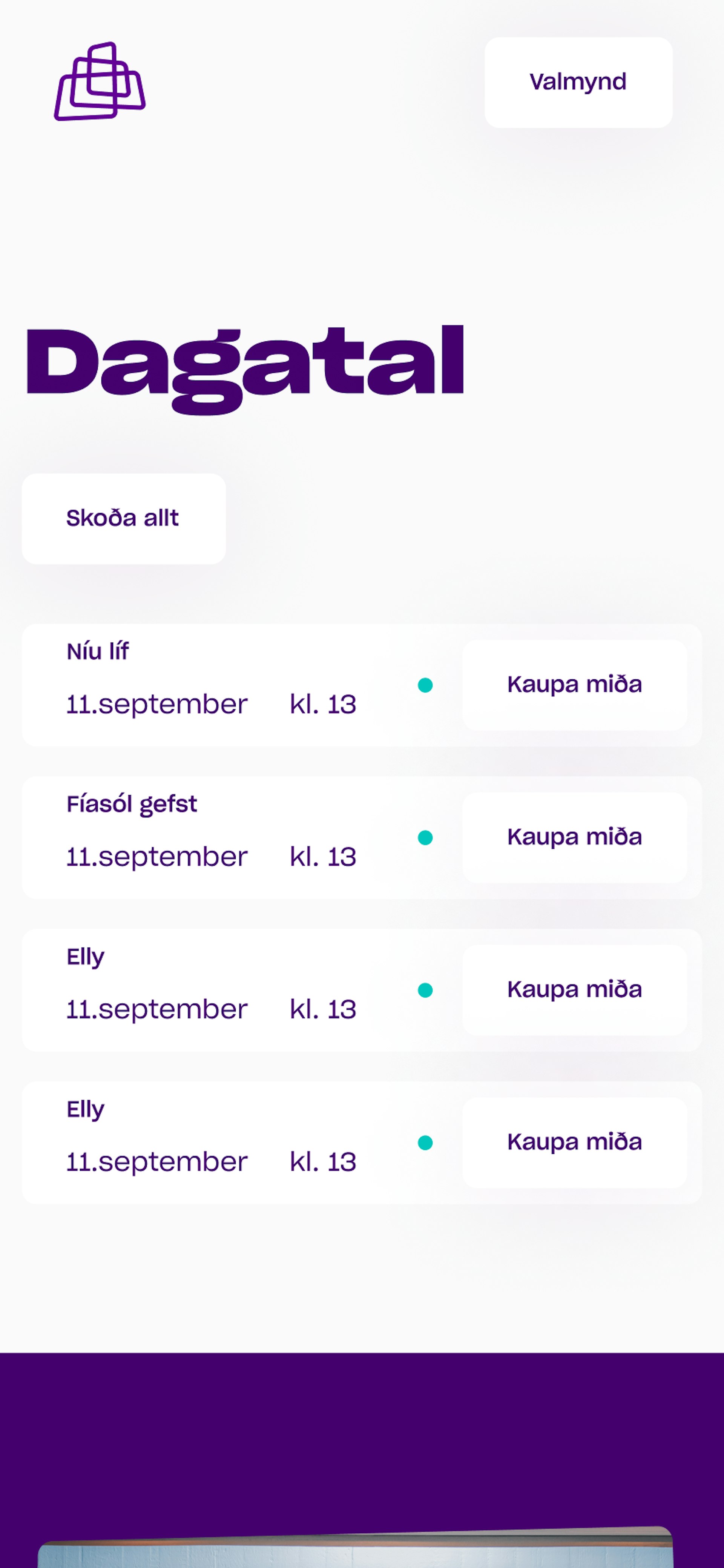 Dagatal sýnir dagsetningar og tímasetningar sýningarinnar Fíasól með möguleika á að kaupa miða.
