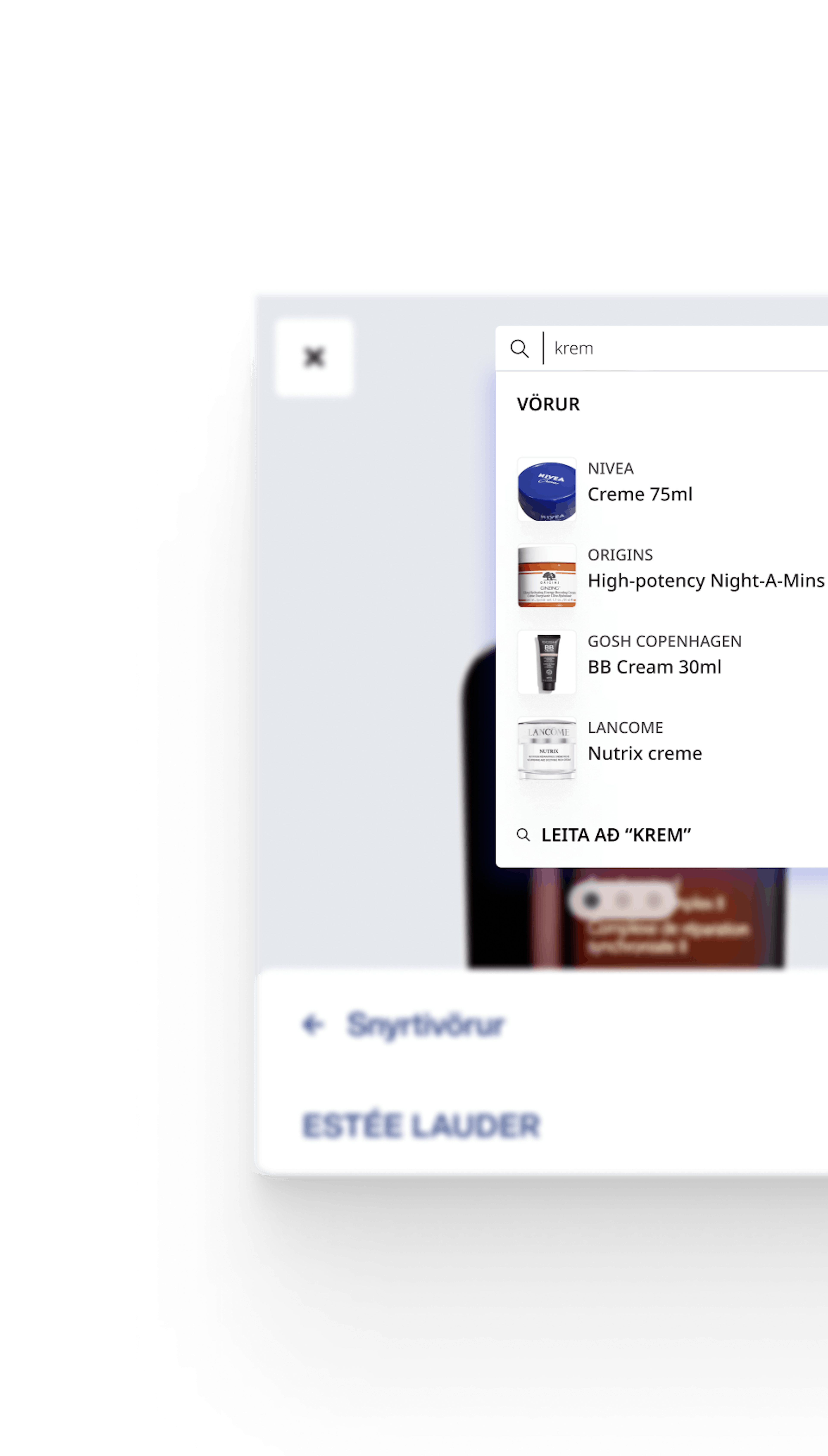 Leitarniðurstöður fyrir ‘krem’ sýna fellilista af húðvörum.
