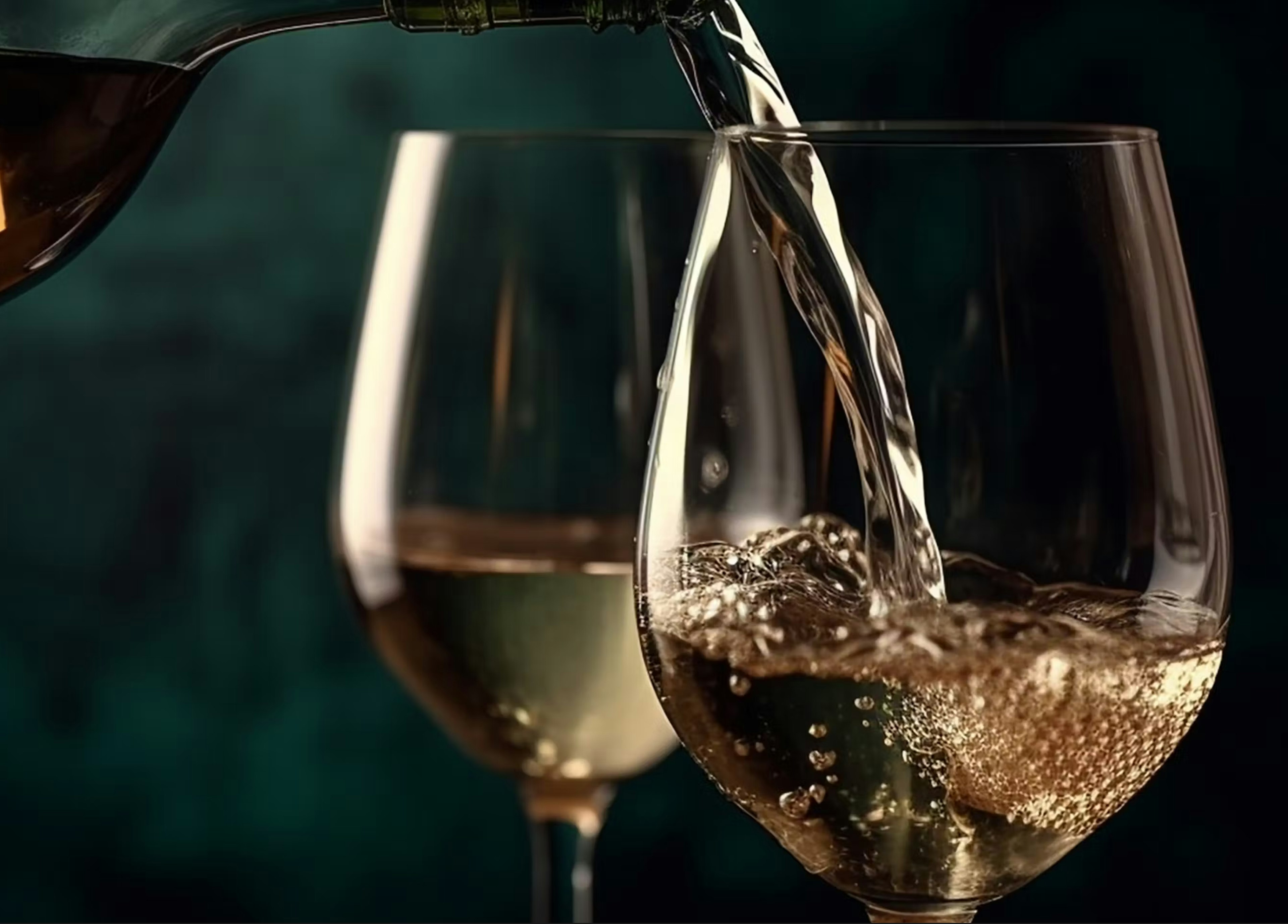 Tvö vínsglös fyllt hvítvíni á dökkum óskýrum bakgrunni.