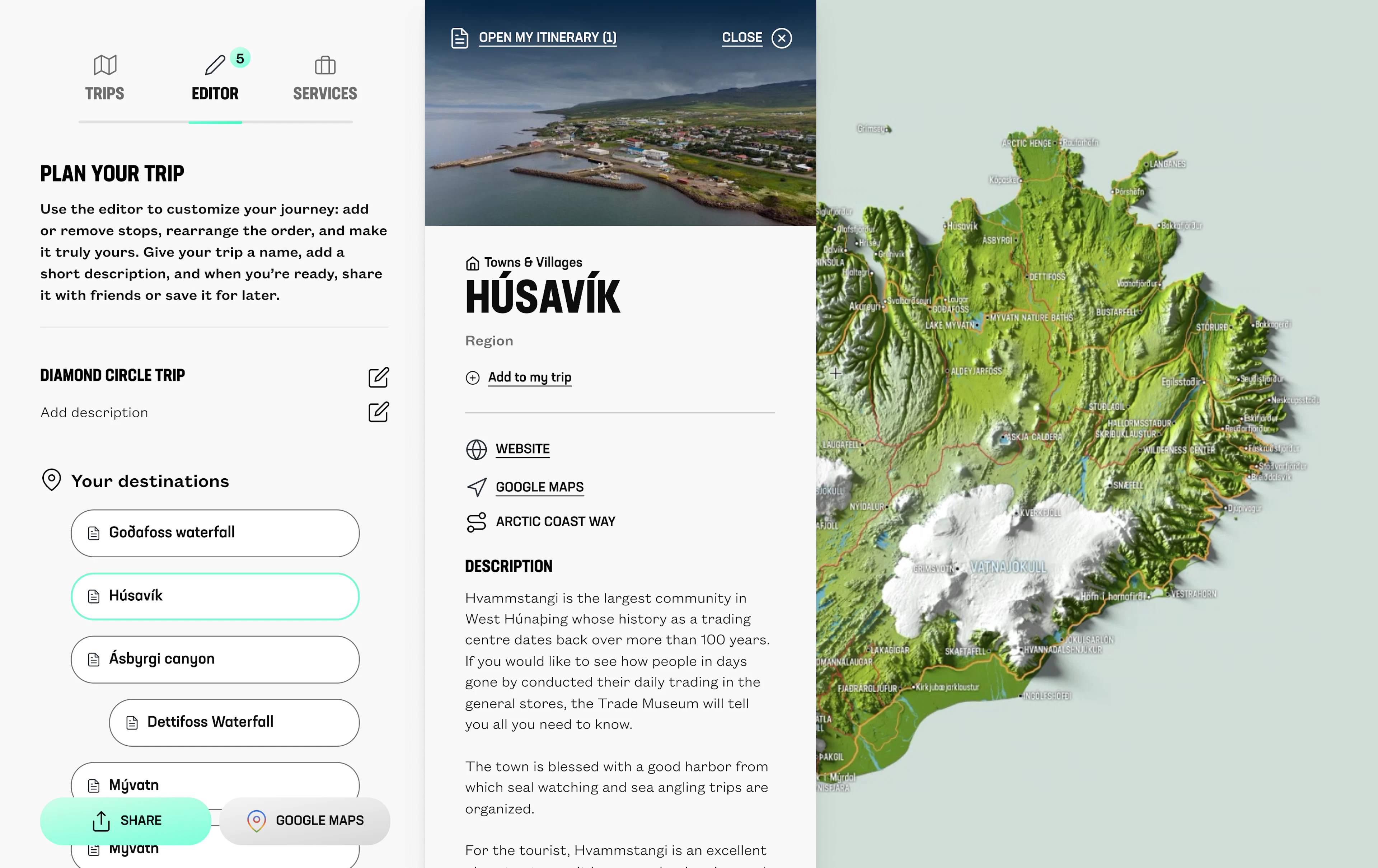 Skjámynd af korti af Íslandi með síum