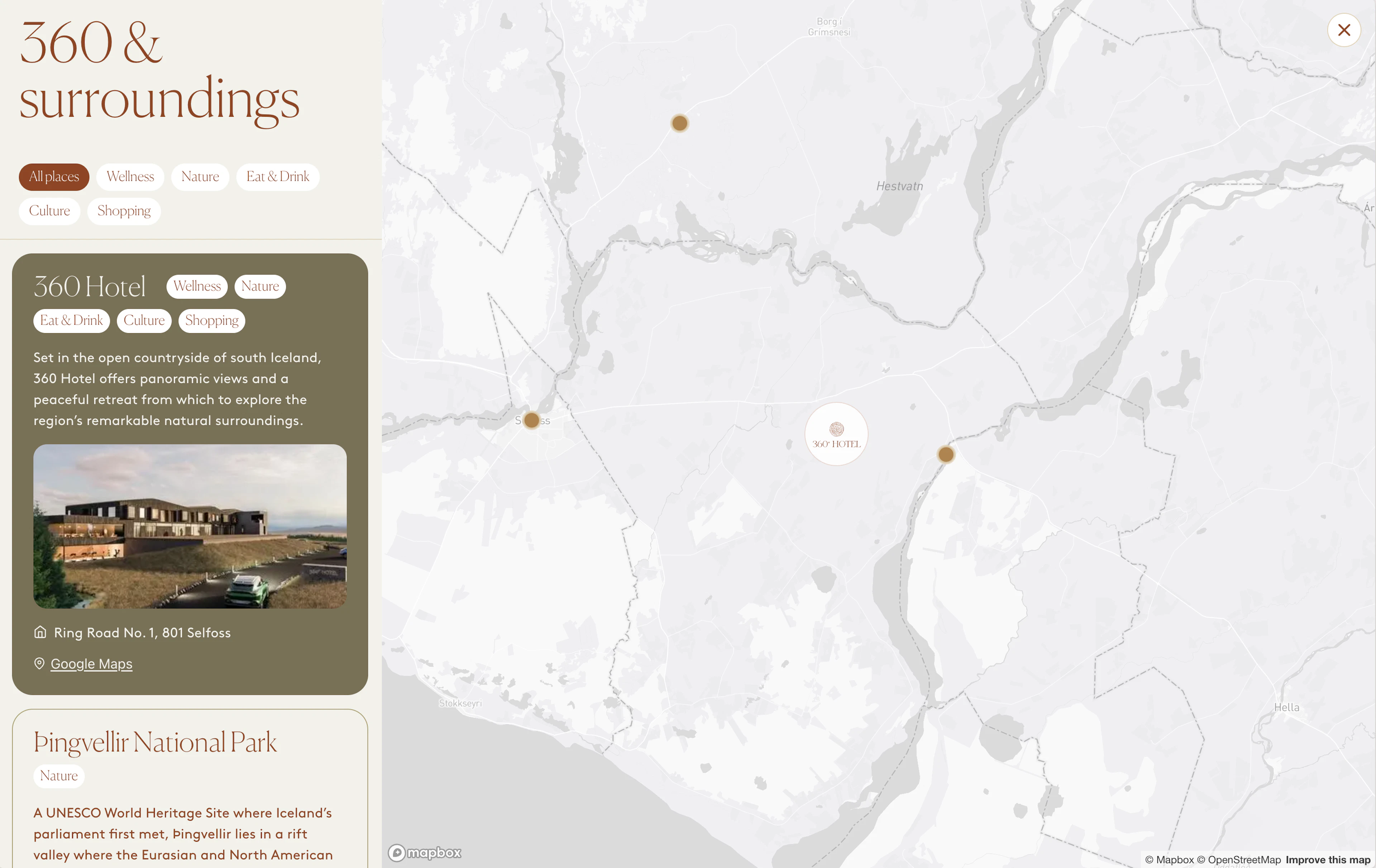 Screenshot of the interactive map on 360 hotel website