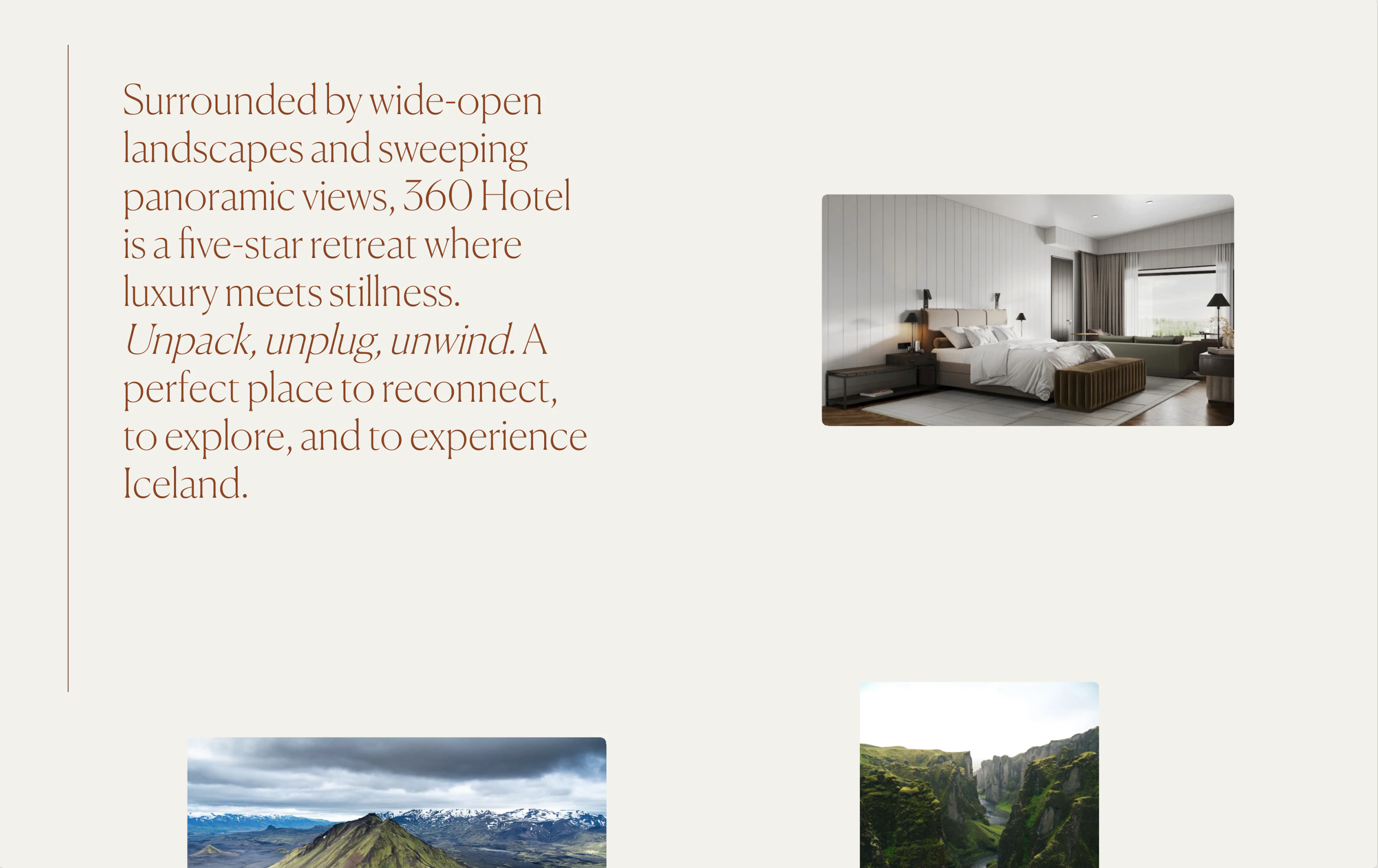 Section with text and 3 images on 360 hotel website
