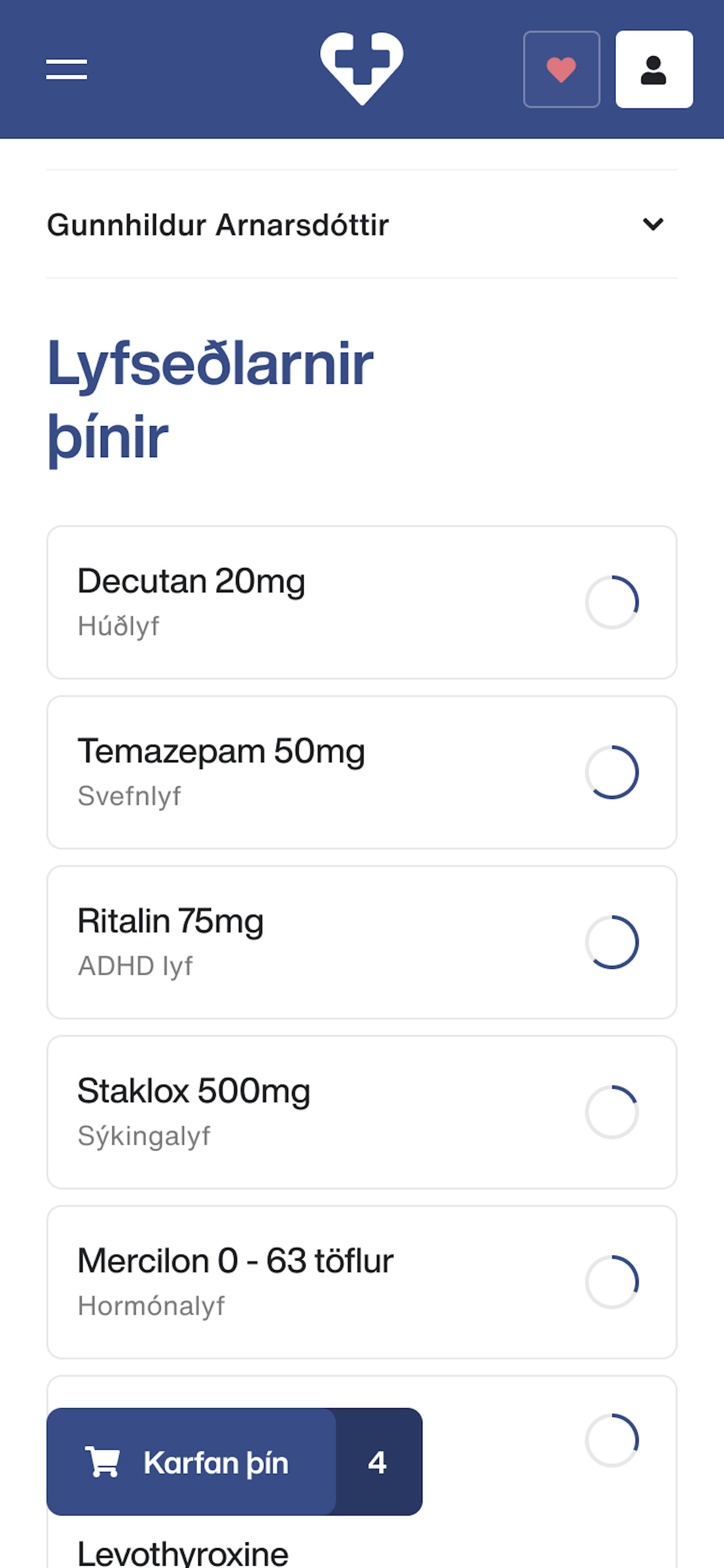 Mynd af undirsíðu af hönnun Júní fyrir Lyf og Heilsu