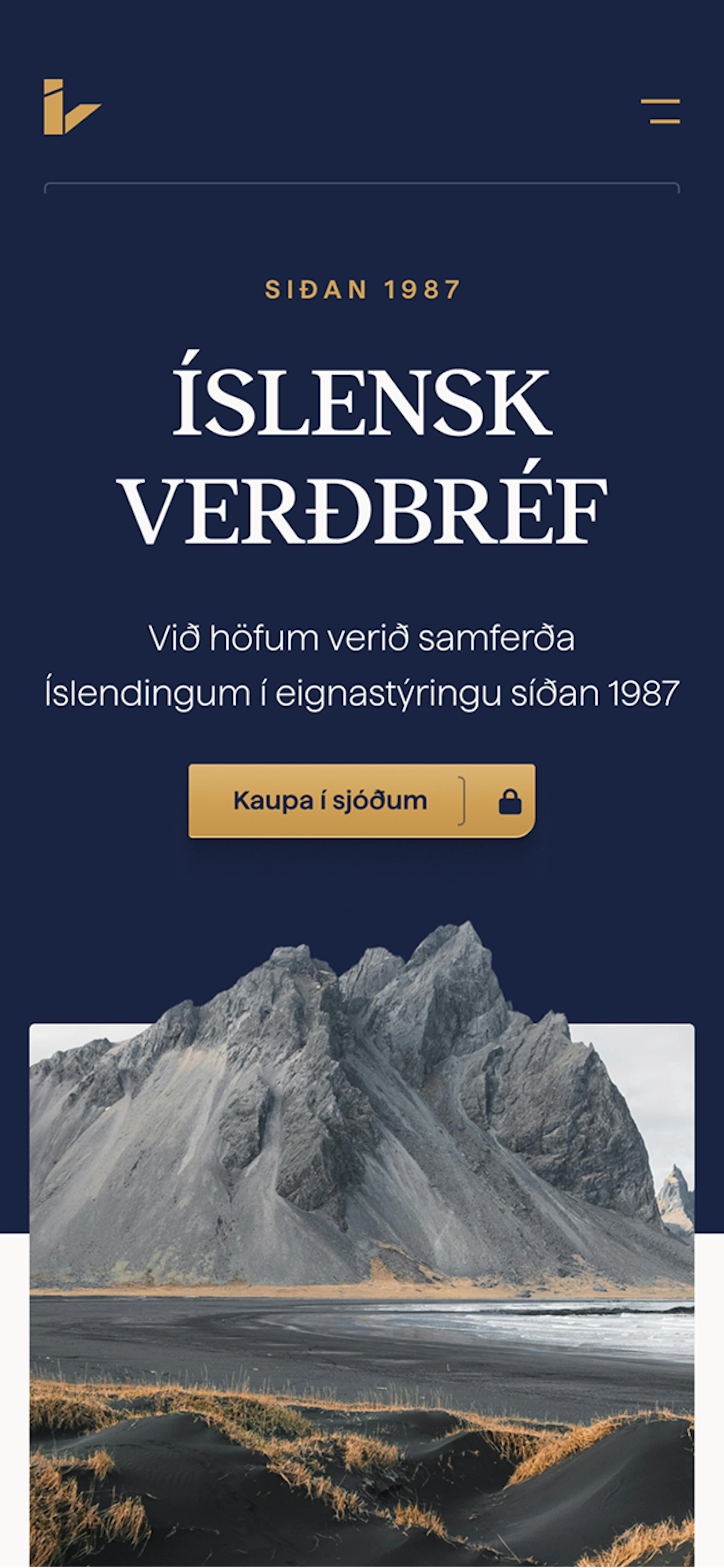Forsíða Íslenskra verðbréfa í farsíma með fyrirsögninni „Íslensk verðbréf“, kynningartexta, hnappi til að kaupa í sjóðum og stórri landslagsmynd af fjalli við svarta sandströnd.