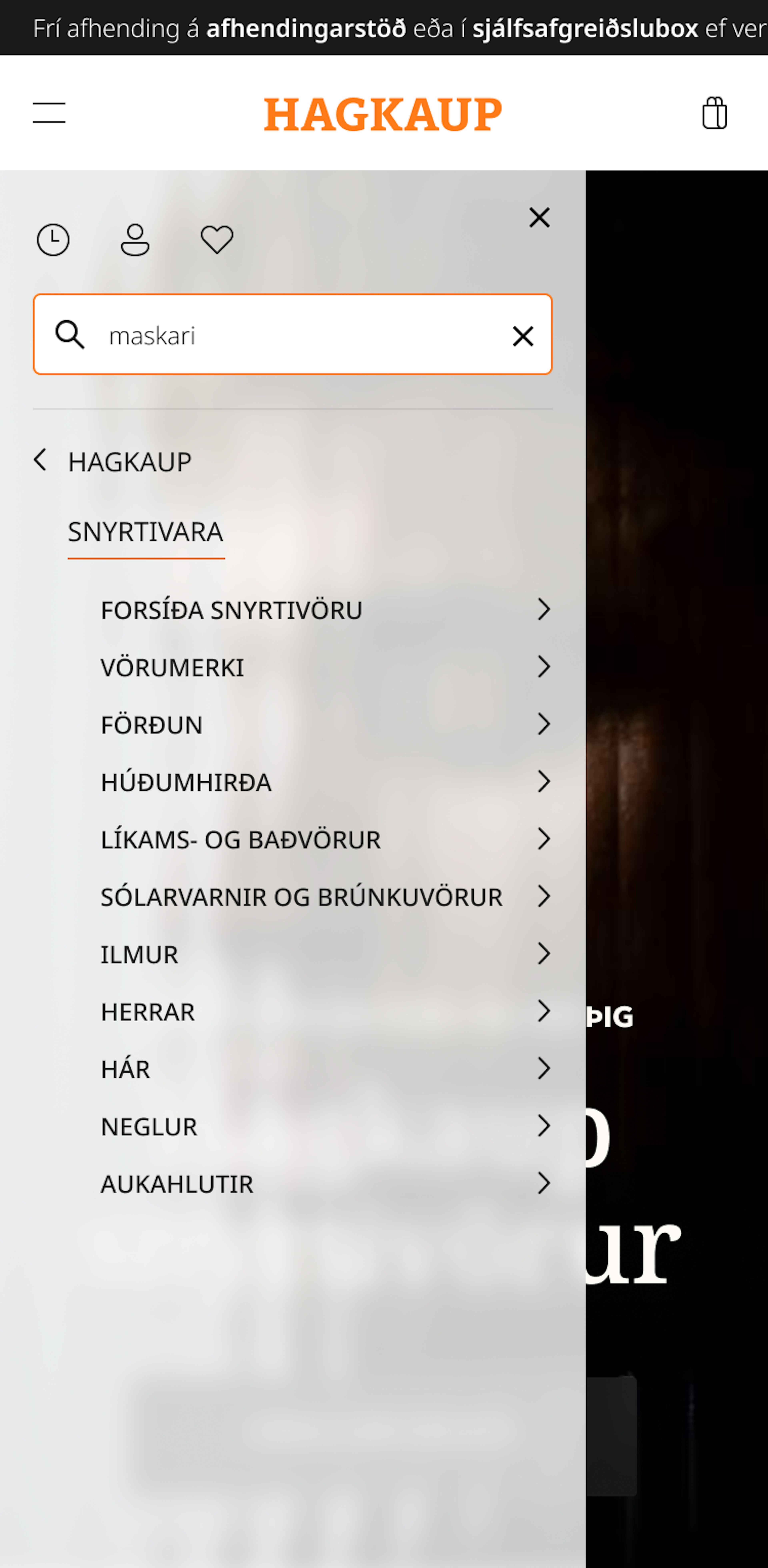 Valmynd á vef Hagkaups sem sýnir snyrtivöruflokka, þar á meðal förðunarvörur, húðumhirðu og ilmvatn.