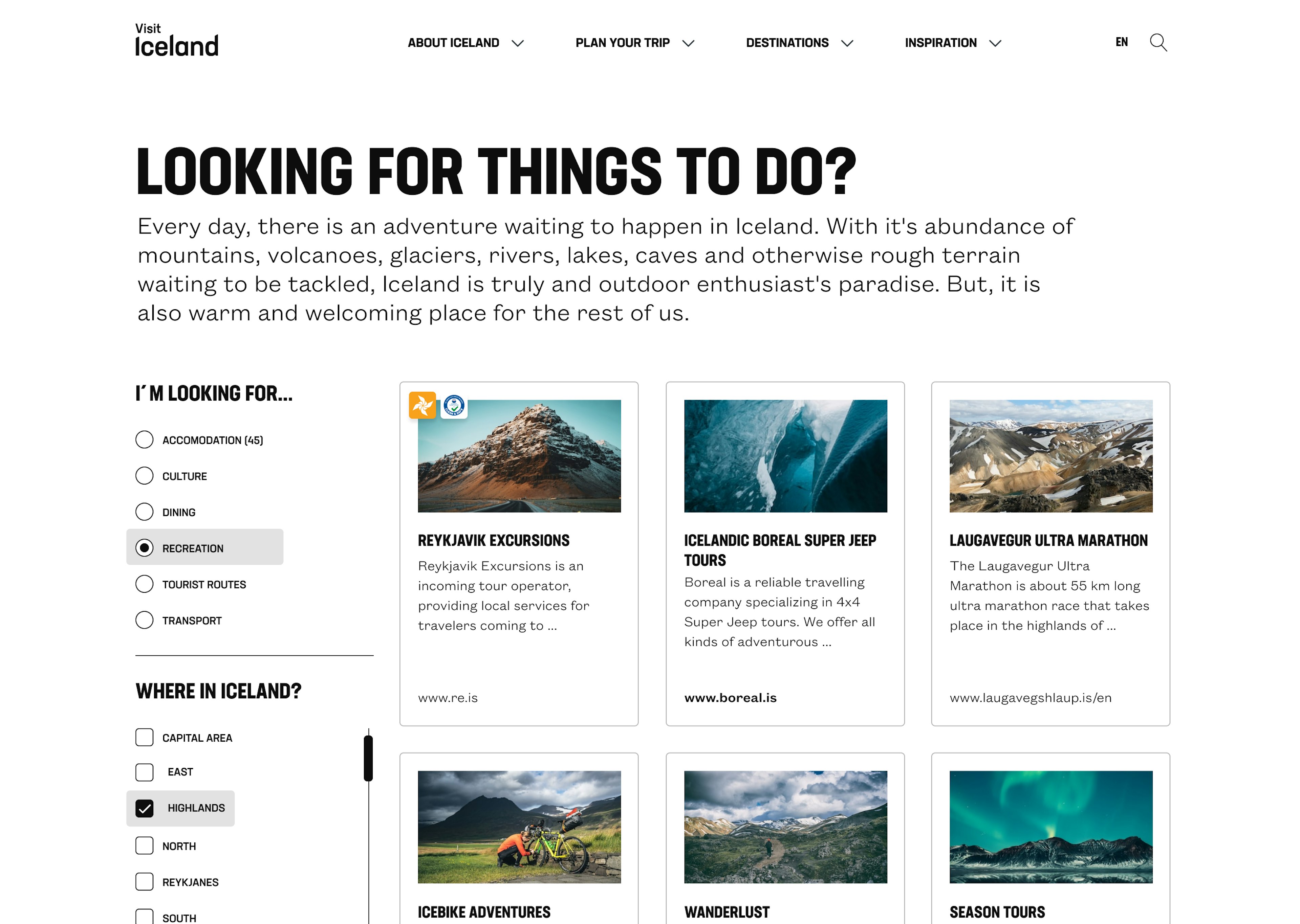 Skjámynd af vefsíðu Visit Iceland