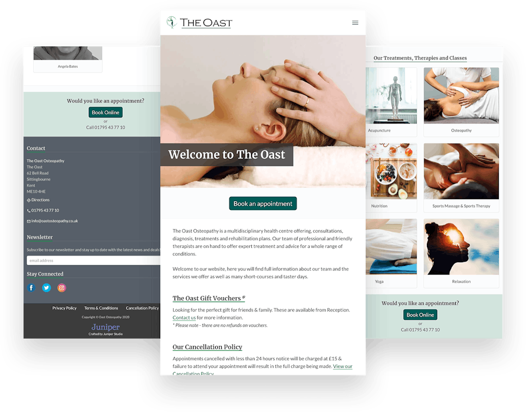 mobile sized screenshots of the Oast Osteopathy Website