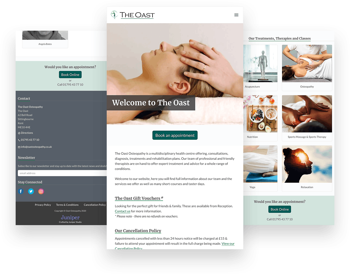 mobile sized screenshots of the Oast Osteopathy Website
