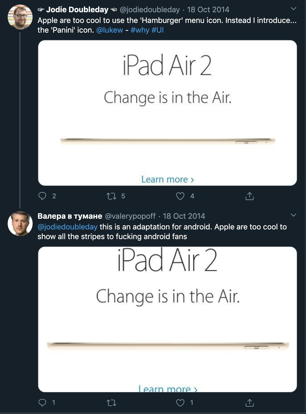 Screenshot of twitter feed showing Apple hamburger menu