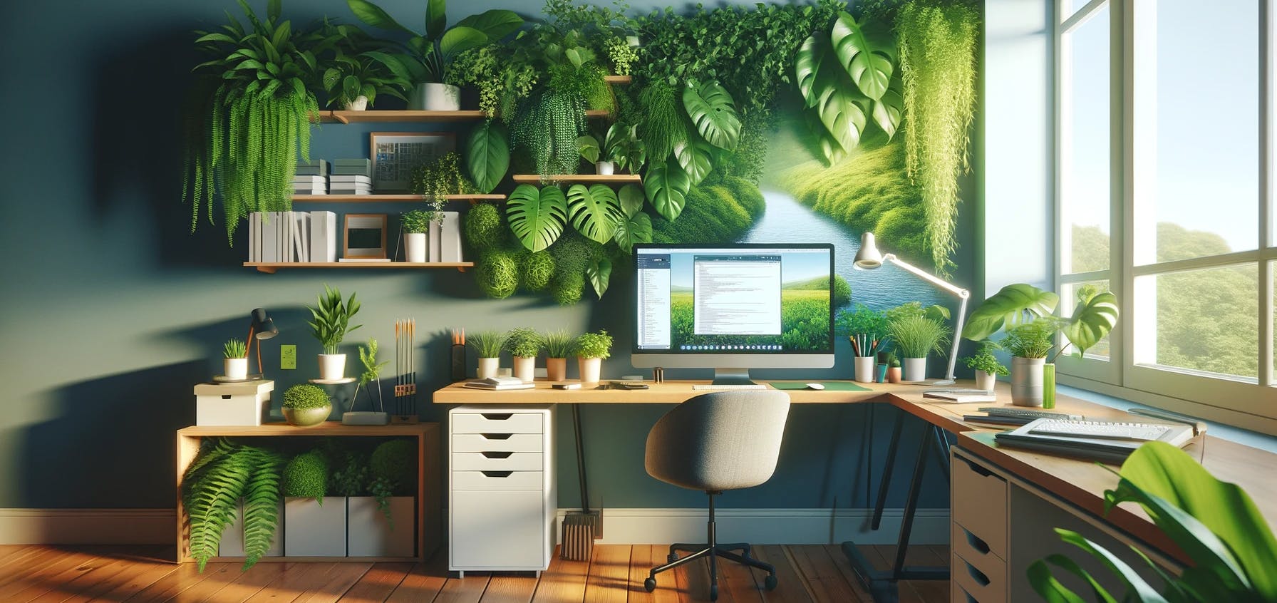 An Empty desk surrounded by lush green plants