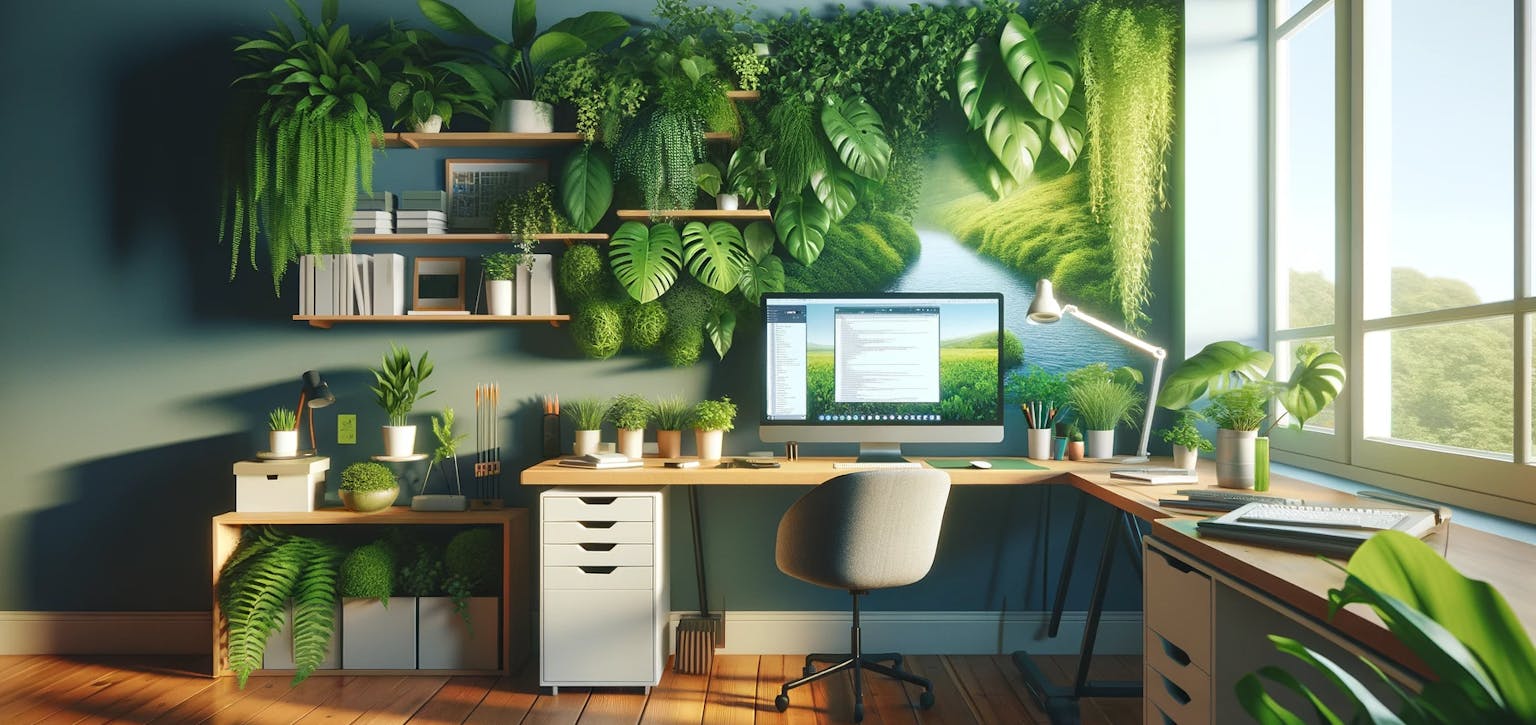 An empty desk surrounded by lush green plants