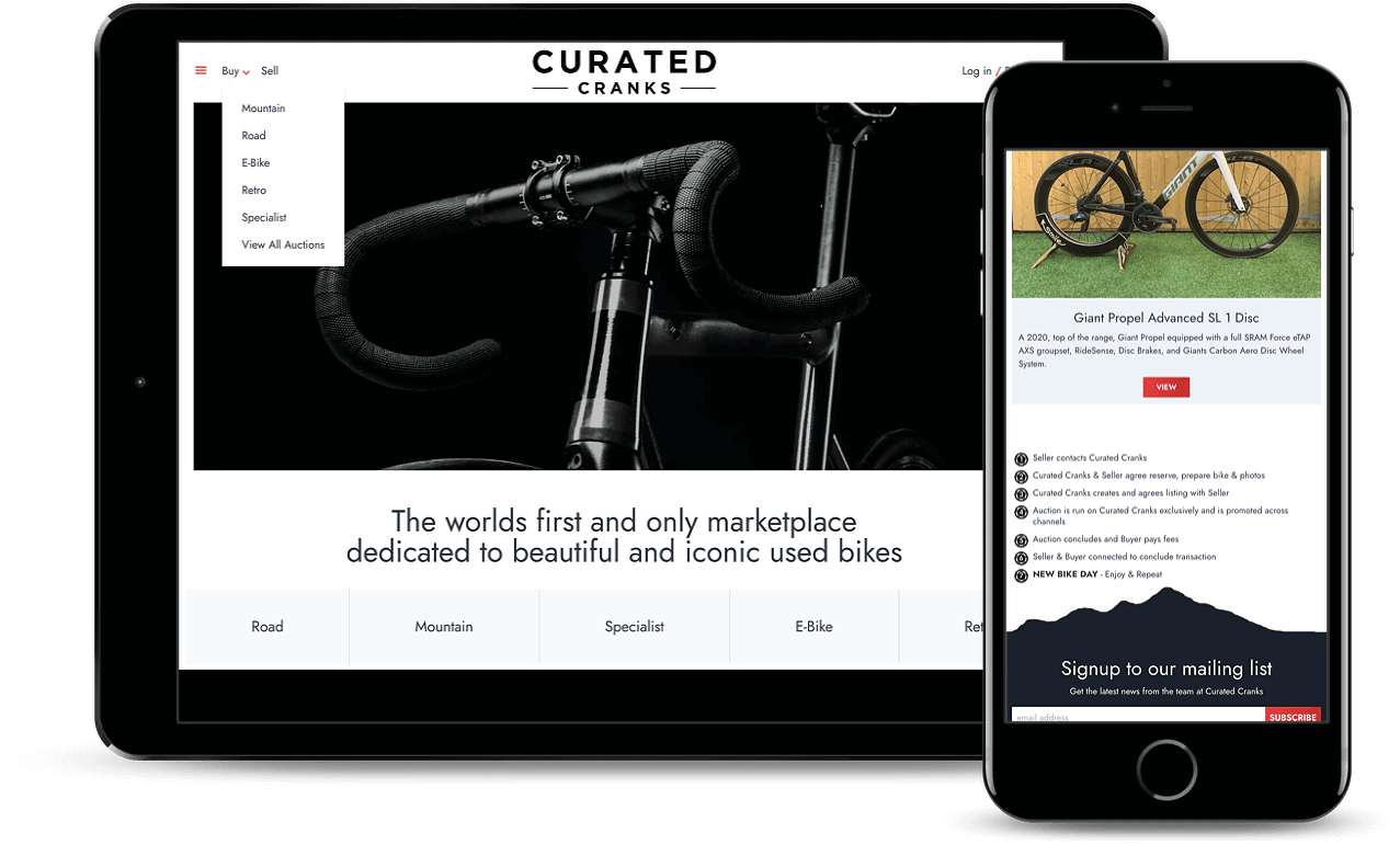 Curated Cranks web pages displayed on 2 different devices