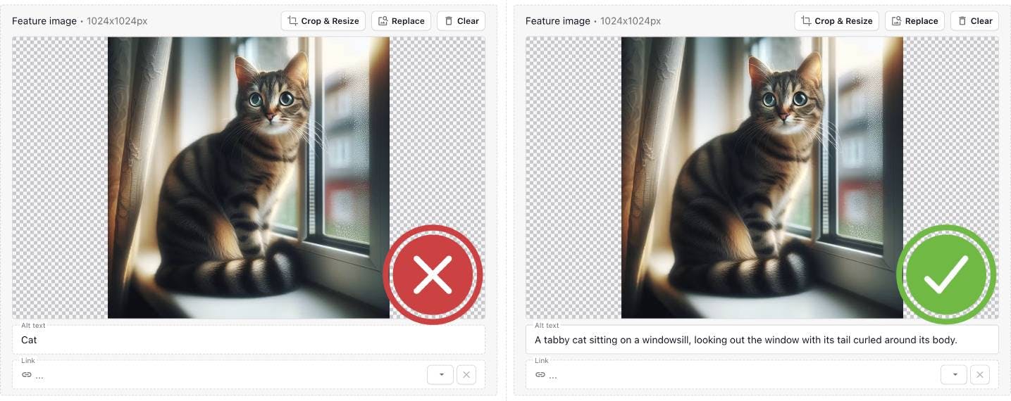 Two example images showing the differences between good and bad quality alt text