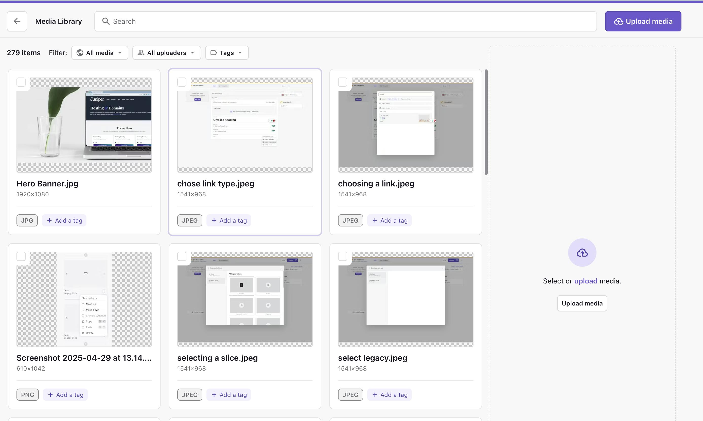 A screenshot of Juniper Studios' Prismic Media Library 