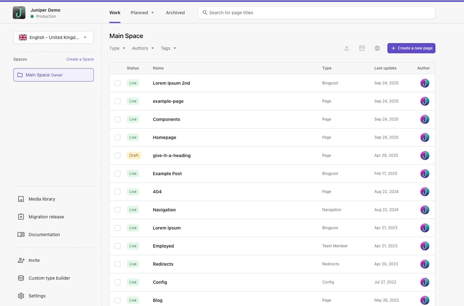 Prismic main space example October 2025